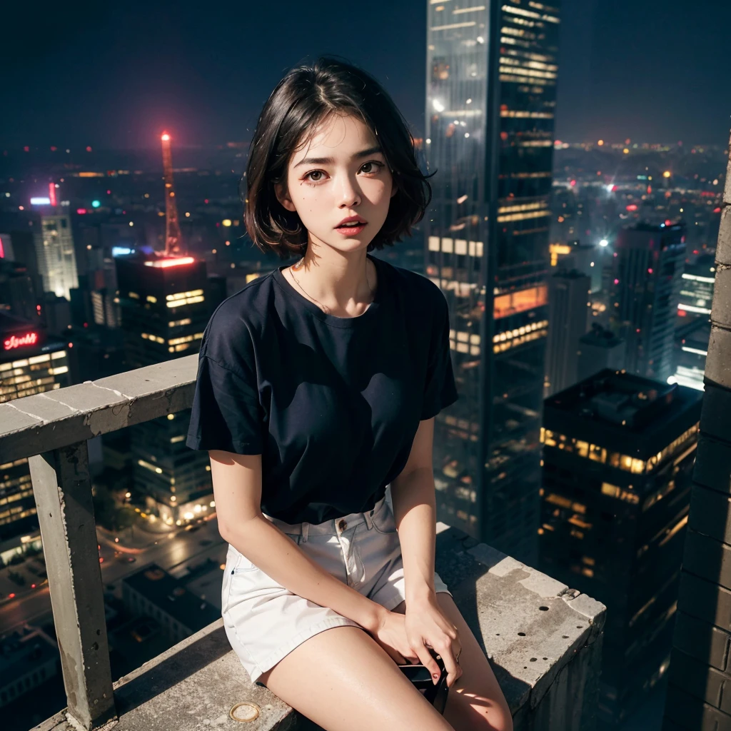 Woman sitting on a ledge, on top a skyscraper, city below, heights, acrophobia, fear of heights, scared expression, phone in hand, scared, terror, (natural skin texture, hyperrealism, soft light, sharp), evening time, lit city