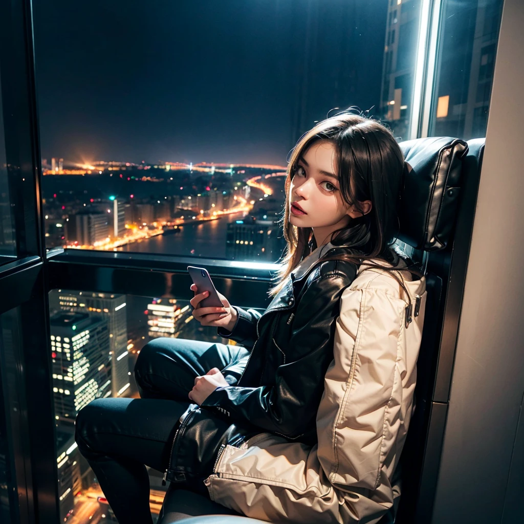 Woman sitting on a ledge, on top a skyscraper, city below, heights, acrophobia, fear of heights, scared expression, phone in hand, scared, terror, (natural skin texture, hyperrealism, soft light, sharp), evening time, lit city