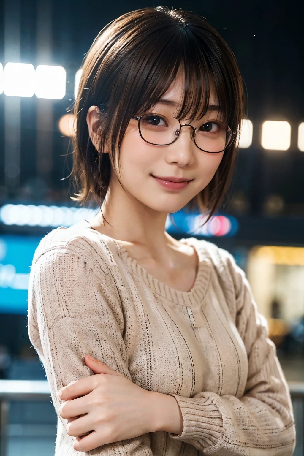 Japanese girl in casual clothes、Pay attention to the audience、Tokyo cityscape at night、(highest quality、Masterpiece)))、HD Fine、Very detailed、Masterpiece、Cinema Lighting、(8k、highest quality、Masterpiece:1.2)、(Realistic、Photorealistic:1.37) High resolution、Very detailed、Woman wearing glasses、A look of silence、Round Glasses、Asian, cute, cute顔, alone, short hair 1.2, Rough skin, Beautiful smile, Beautiful and detailed night sky, Night view, Cinema Lighting, Written boundary depth, Lens flare light、date、(Blushing your nose)、、(Shut your mouth.)Small breasts、A beautiful eye for detail、(sweater:1.1)、(short hair:1.2)、Floating Hair Nova Frog Style、