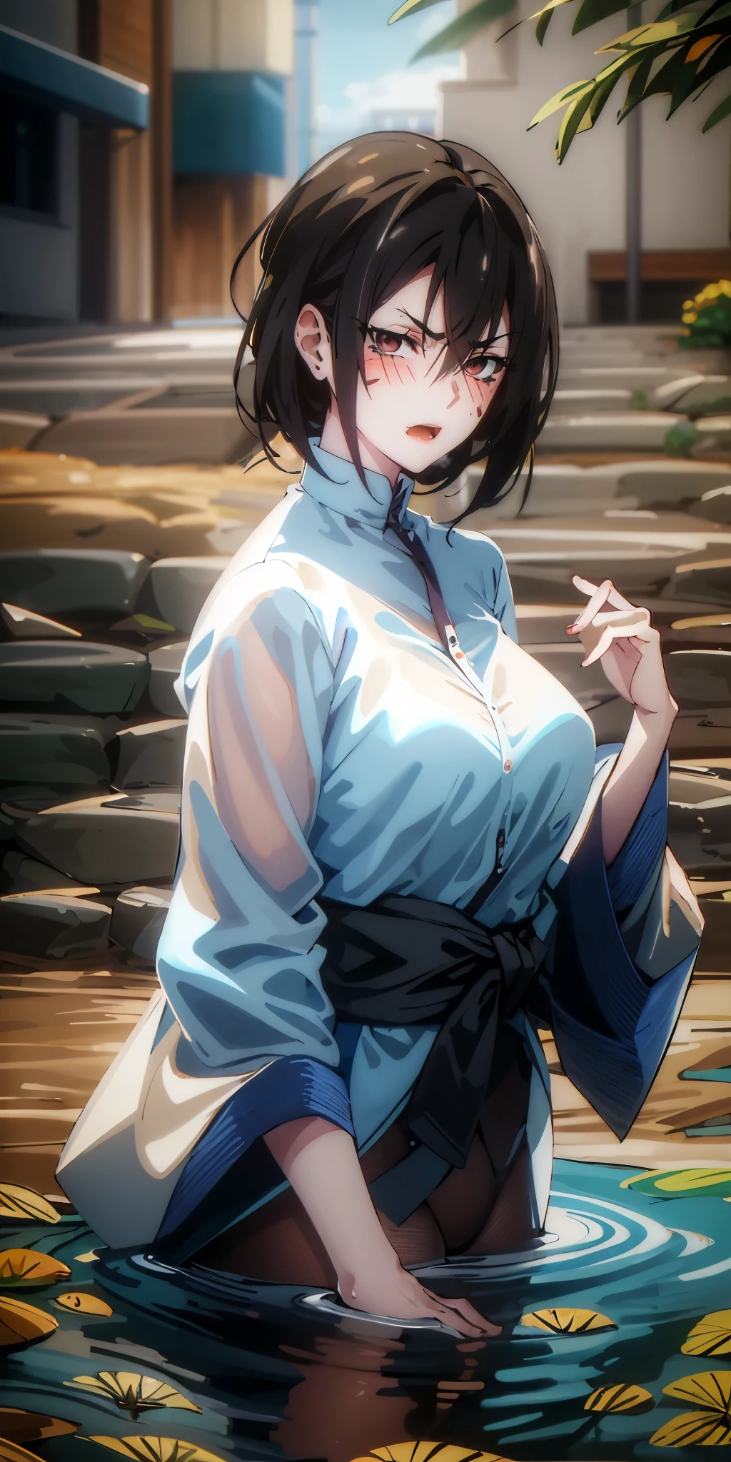 short hair, black hair, yukinoshita haruno, multicolored hair, , curvy, anatomically correct, heavy breathing, breasts 1girl, hair_ornament, hair_flower, flower, wading, solo,  japanese_clothes, water, blurry, black_hair, bangs, depth_of_field, outdoors, holding, standing, smile, closed_mouth, night, looking_at_viewer, hollow eyes, bright pupils, sweating, heavy breathing, steaming face, glowing eyes, purple eyes, expressionless, lazy eyes, "Photorealistic, Hyperrealistic, Hyperdetailed, analog style, soft lighting, subsurface scattering, realistic, heavy shadow, masterpiece, best quality, ultra realistic, 8k, golden ratio, Intricate, High Detail, film photography, soft focus", sweating, steaming body, fog,