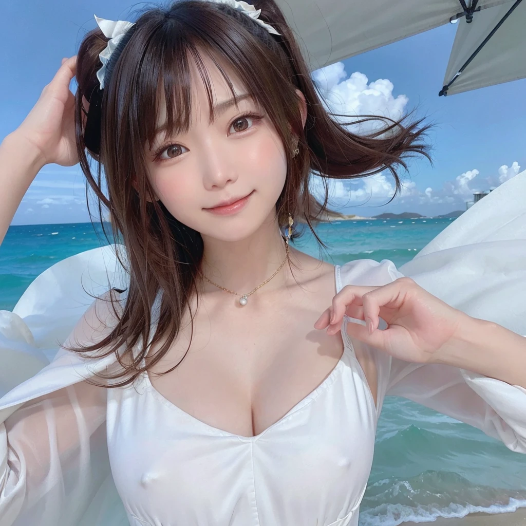 (Dynamic Angle:1.3),Extreme close up,((the wind is strong)),映画ofハイライト,1人of女of子,Upper Body,dancing,View your viewers, ((On the beach, alone)), jewelry, blank eyes,brooch, 茶hair,( 長いhair:1.2),floating hairlong_sleeve, ribbon, Jacket, dress, gem, hair_ribbon,null, depth_of_Field, a close view of flying petal,Smiling face,((wince))