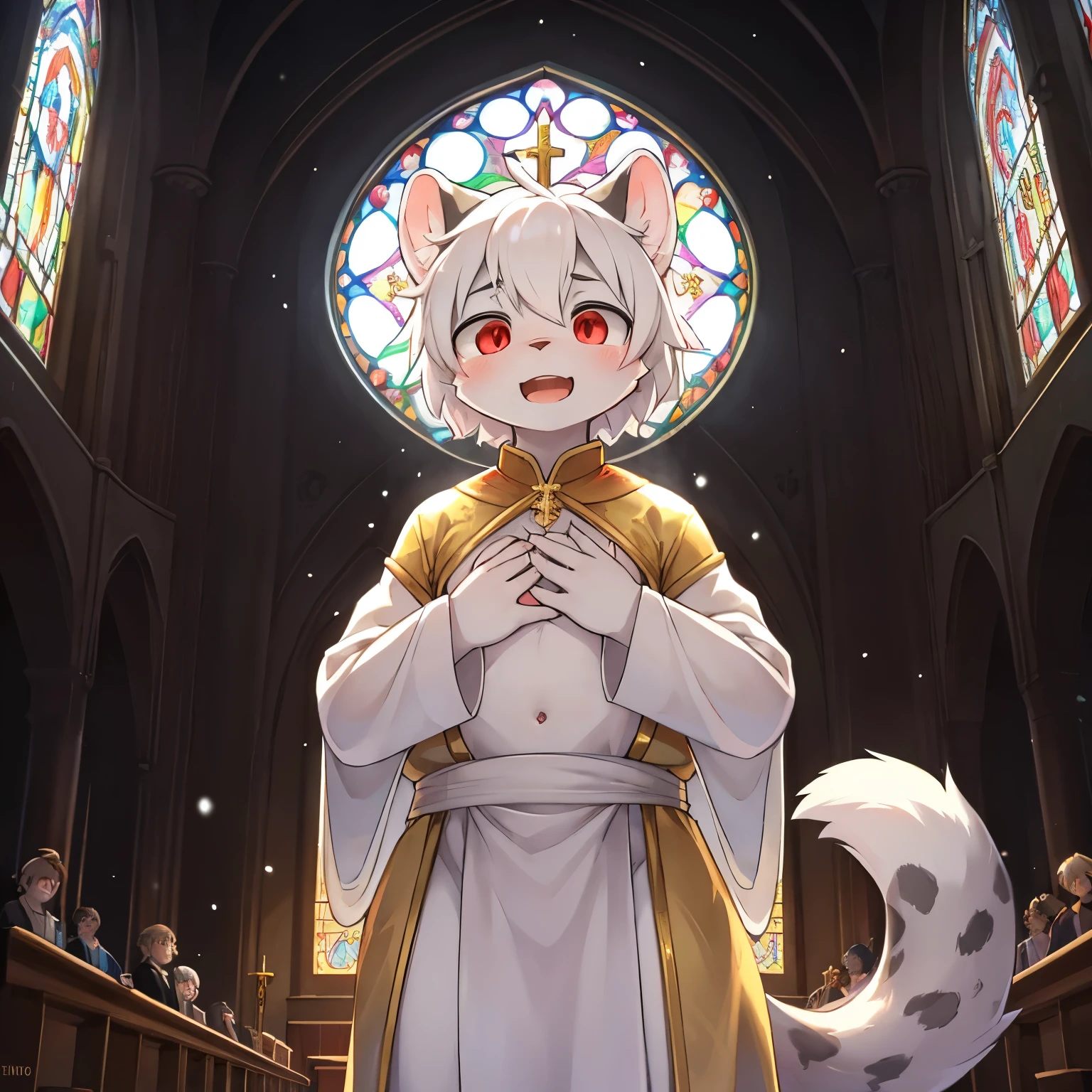furry male cub boy, short-height squishy body, sacred innocent boy, albino white snow leopard boy, singing for the god with putting his right hand on his chest, tail, choir, mini boy, church hymn, open mouth, a cappella, admirable and priseworthy boy, innocent naive boy, red eyes, backlight, stained glass, holy light from above, shiny llight, best quality, masterpiece, ephemeral boys, looking up with praying for the god, sacred transparent robe