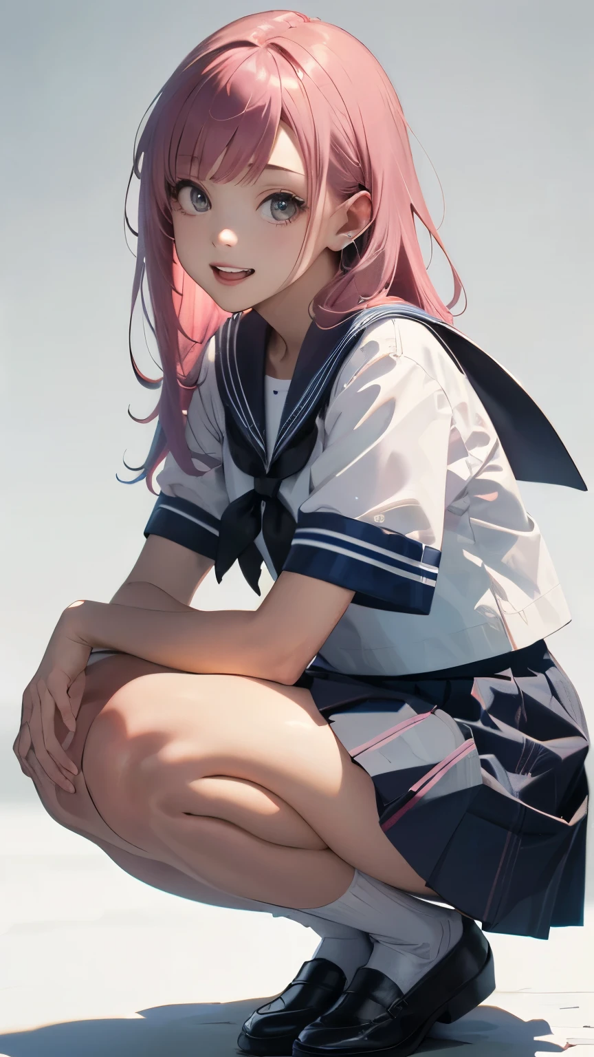 (highest quality、8K、32k、masterpiece)、(realistic)、(Photoreal:1.2)、(High resolution)、Super detailed、very beautiful face and eyes、1 girl、round and small face、thin waist、delicate body、(close、highest quality、high detail、Rich skin details)、(highest quality、8K、oil paint:1.2)、Super detailed、(realistic、realistic:1.37)、bright colors、(((I have pink hair)))、(((bust shot)))、(((long hair)))、(((pure white wall background)))、(((pure white wall background)))、(((wear a sailor suit)))、(((laughter)))、(((Teeth are visible)))、(((side tail hair)))、(((Wearing a short-sleeved sailor suit)))、(((look straight ahead)))、(((Wearing a heart necklace)))、(((she is wearing a sailor suit)))、(((squatting down)))、(((Has a shy look)))、(((plaid pleated skirt)))、(((mini skirt)))、(((I&#39;m wearing black knee socks)))