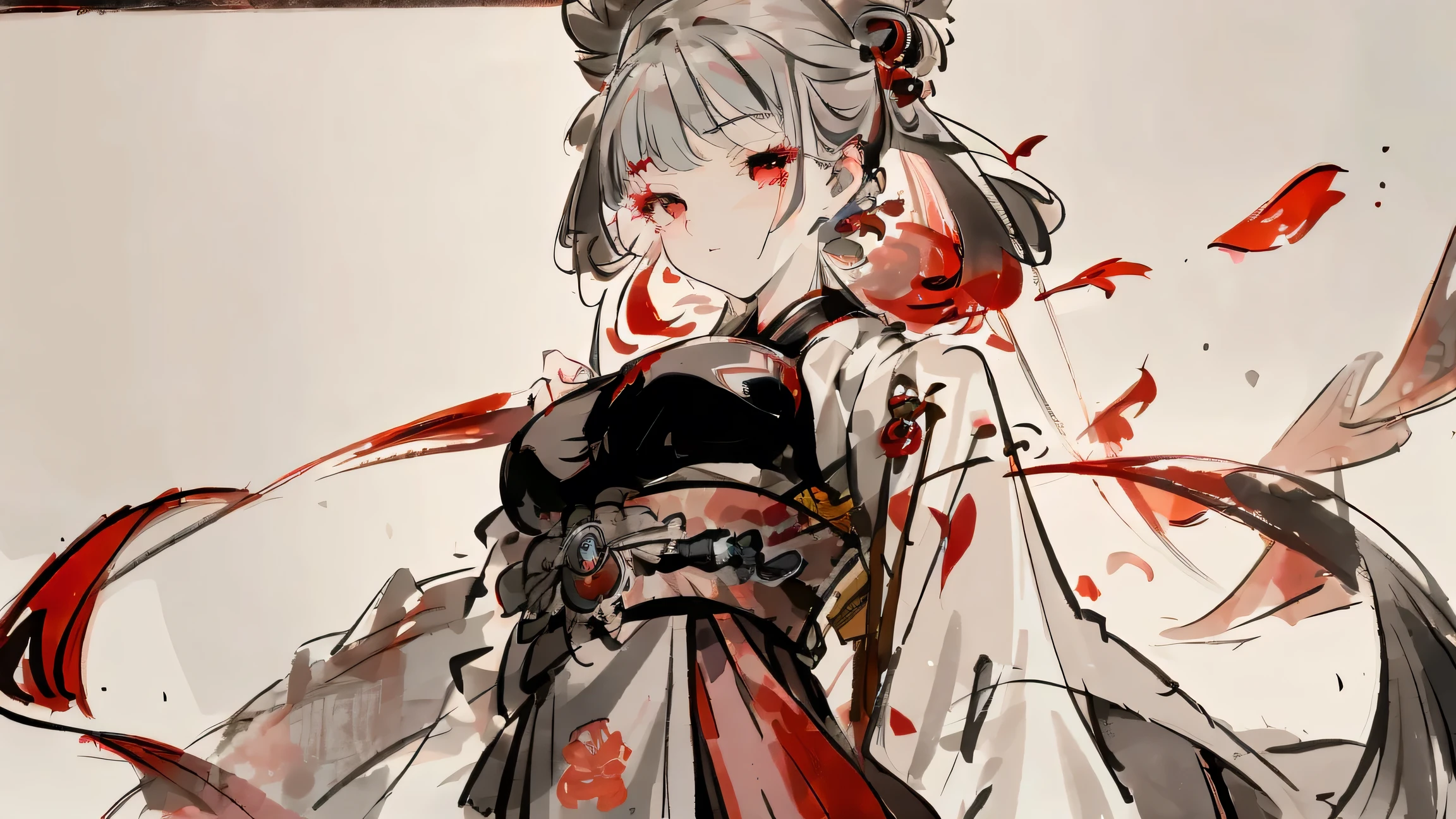 masterpiece, highest quality, highest quality, 1 girl, Red eyes, Gray Hair, 長いGray Hair, , , Stunningly beautiful girl,delicate, Beautiful and attractive face, Looking Down, Facial details, Fake Laughter, Standing upright, Upper body portrait, artistic,Traditional Japan ink painting, Looking at the audience,Large Breasts