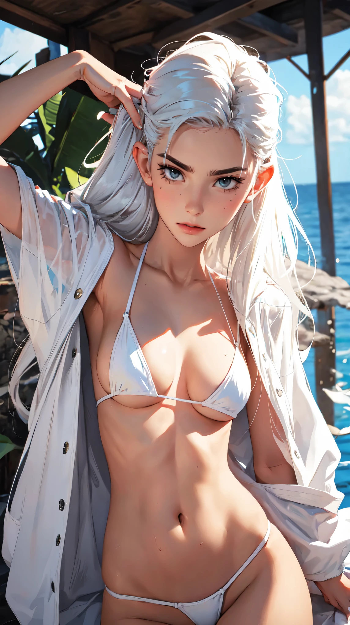 （lifelike， high - resolution：1.3）， 1 girl with a perfect body，slender body, Super fine face and eyes，assasin, dark makeup, shiny skin，white hair,  micro bikini，Expose cleavage