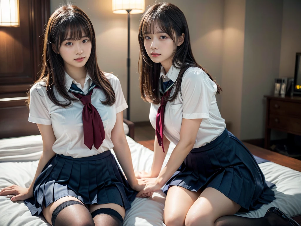 (RAW photo, 4k, masterpiece, high resolution, extremely complex) (realistic: 1.4), cinematic lighting
 ((2 girls, 2 schoolgirls)),Slam Dunk's,blushing,((innocent)),(Dark makeup),bright eyes,round eyes,blunt bangs,(straight hair:1.3),black hair,large breasts,wide hips,Summer Noon, 20 year old girl、cute type、lolita,Hot, (Best Quality), (Highres), (an Extremely Delicate and Beautiful),(Beautiful 8k face),(Brown eyes),short bob hair,( spectators),(gigantic breasts),(Play with each other,Touching each other's bodies,Touching the body),(Japanese high school uniform:1.3),blue skirt,(reality),bright lighting,(The background is a luxury hotel room)