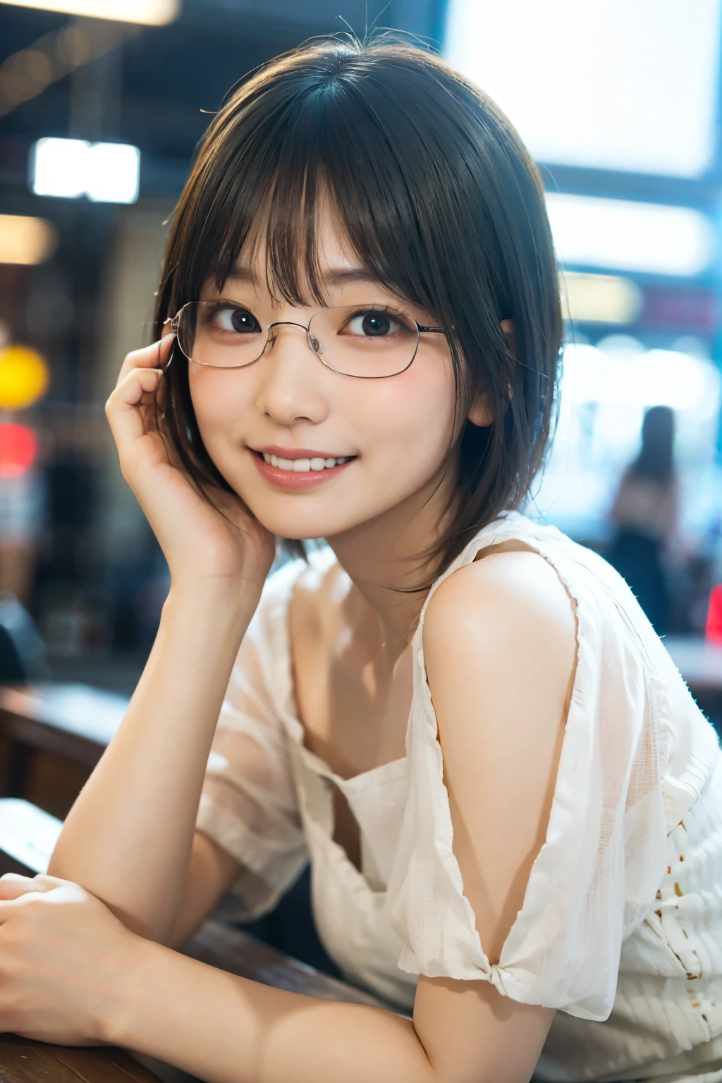 Casually dressed Japanese girl in a shopping mall, Looking at the audience, posing with a smile (highest quality, masterpiece))), High resolution, Very detailed, masterpiece, Cinema Lighting, (8k, highest quality, masterpiece: 1.2), (Realistic, photoRealistic: 1.37) High Resolution, Super detailed, 1 girl, Woman wearing glasses, Round glasses with thin frames, Light colored eyeglass frames, Asian, cute, cute face, alone, short hair 1.2, Textured skin, beautiful smile, Beautifully detailed skies, Detailed Cafe, night, Cinema Lighting, Depth of written boundary, Lens flare light, Sitting, Date, (Blushing), (smile: 1.15), Small breasts (Mouth closed), Beautiful eyes in every detail, (short hair: 1.2), Floating Hair Nova Frog Style,