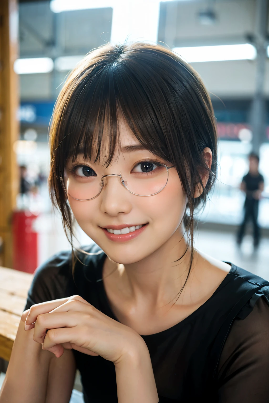 Casually dressed Japanese girl in a shopping mall, Looking at the audience, posing with a smile (highest quality, masterpiece))), High resolution, Very detailed, masterpiece, Cinema Lighting, (8k, highest quality, masterpiece: 1.2), (Realistic, photoRealistic: 1.37) High Resolution, Super detailed, 1 girl, Woman wearing glasses, Round glasses with thin frames, Light colored eyeglass frames, Asian, cute, cute face, alone, short hair 1.2, Textured skin, beautiful smile, Beautifully detailed skies, Detailed Cafe, night, Cinema Lighting, Depth of written boundary, Lens flare light, Sitting, Date, (Blushing), (smile: 1.15), Small breasts (Mouth closed), Beautiful eyes in every detail, (short hair: 1.2), Floating Hair Nova Frog Style,