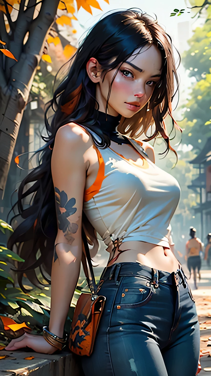 close, Beautiful woman in samdoesarts style, In a park full of orange leaves , Jeremy Mann, By Sandra Chevrier, Dave McCain、Richard Avedon、Maciej Kuciara, White tank top and jeans, Detailed, 8k, masterpiece, 最high quality, high quality, High resolution, (In a park full of orange leaves), (Upper body portrait)、