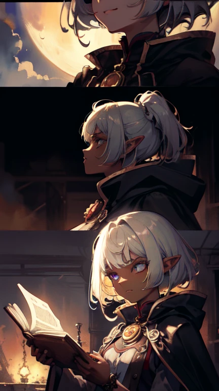 ((masterpiece )), (top quality), (best quality), ((ultra-detailed, 8k quality)), Aesthetics, Cinematic lighting, (detailed line art), Beautiful digital artwork, Exquisite digital illustration, absurdres, 
BREAK,
ultra detailed portrait of Milf Dark Elf Woman, wizard, mage, illustration in steampunk style by Yoji Shinkawa, steampunk_costume, (Wearing robe and cape), Bring a grimoire book, dynamic pose, cinematic dramatic atmosphere, watercolor painting, muted colors, watercolor style fluid and sharp focus, Art by ((Mikimoto Haruhiko)), (magical academy in steampunk architecture), dark atmosphere, ((full moon sky)), (dark night Background), (steampunk theme:1.1), intricate environment, detailed background,
BREAK,
highly detailed of (dark elf), (1girl), perfect face, details eye, Bob cut hair, Blunt bangs, (hair between eye), blonde white hair, (violet eyes), eyelashes, eyeshadow, pink eyeshadow,  glaring, smile, design art by Mikimoto Haruhiko, by Kawacy, By Yoshitaka Amano,
BREAK, 
((perfect ???????)), nice body, medium breast, (extremely detailed finger), best hands, perfect face, beautiful face, beautiful eyes, perfect eyes, perfect fingers, correct ???????, ((dark skin)),
