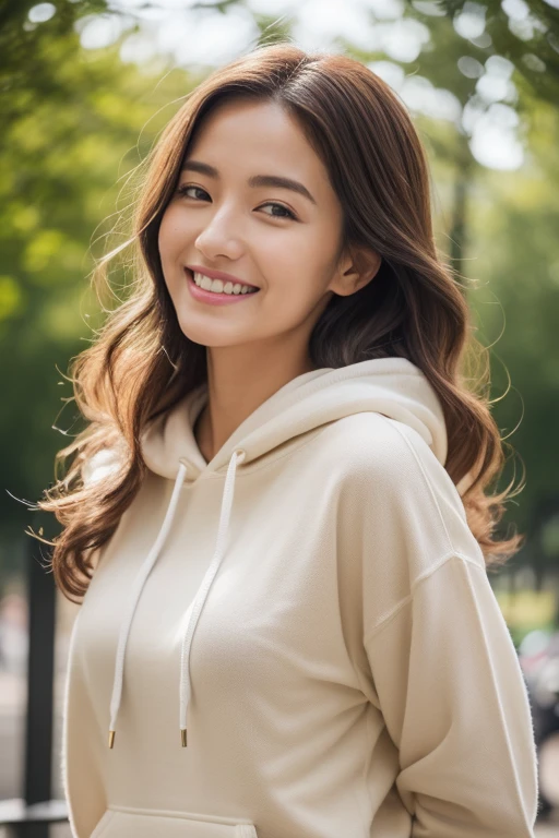 highest quality、4K、Perfect Face、Perfect Style、Sunburn、long curly layer hair, beautiful、stylish appeal、Mature、Swept-back hair、beautiful abs, full body,gorgeous lady, smile,white hoodie, put on a beige cap,wearing sneakers,in the park,evening(From below:1.2), (Realistic:1.2), (Ultra-realistic:1.3), (very detailed:1.1), ((masterpiece)),sexy,detailed,