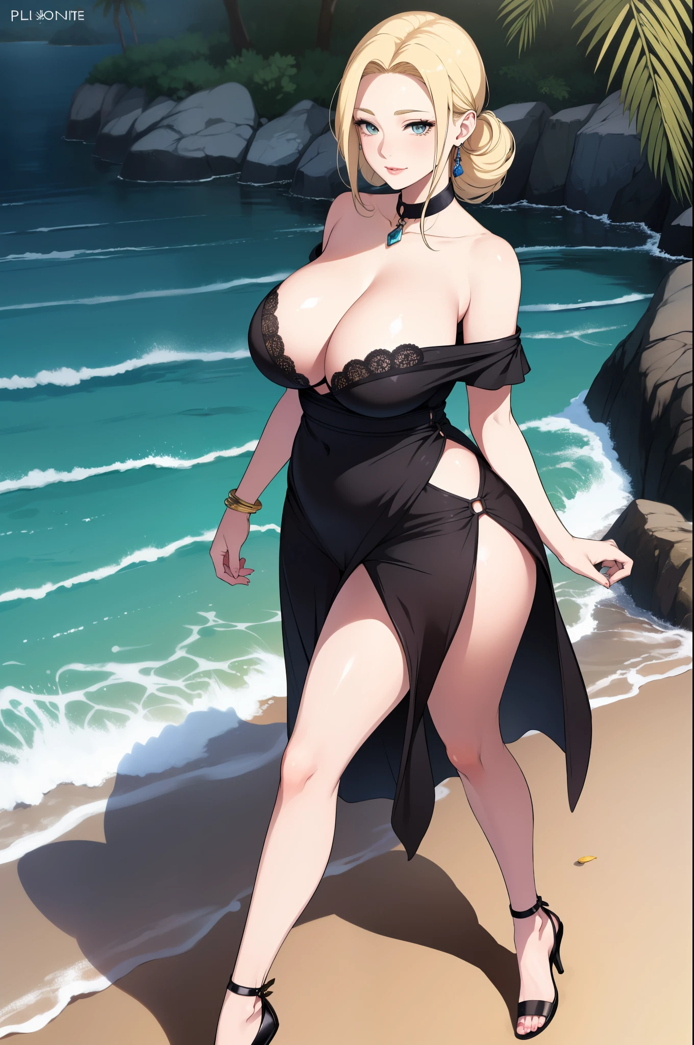 An extremely beautiful busty woman, with gold blonde long silky hair, blue-cyan eyes, extremely super bright snow white fair stunning flawless glowing lush shiny white skin, and complexion, a perfect tight hourglass figure, a thick plump ass, cleavage, and perfect hips, wearing a thin revealing sexy black bra and underwear with a white transparent off-the-shoulder cardigan, yellow heels, jewelry on the neck, gold bangles on her wrist, gold anklets on her leg and gold chain on the waist, a cute adorable smile on lips, pink lips, pink nails, red rose on hair bun, standing straight, looking at the viewer, big sunny beach and ocean in the background with gold interior, show full body from head to feet.