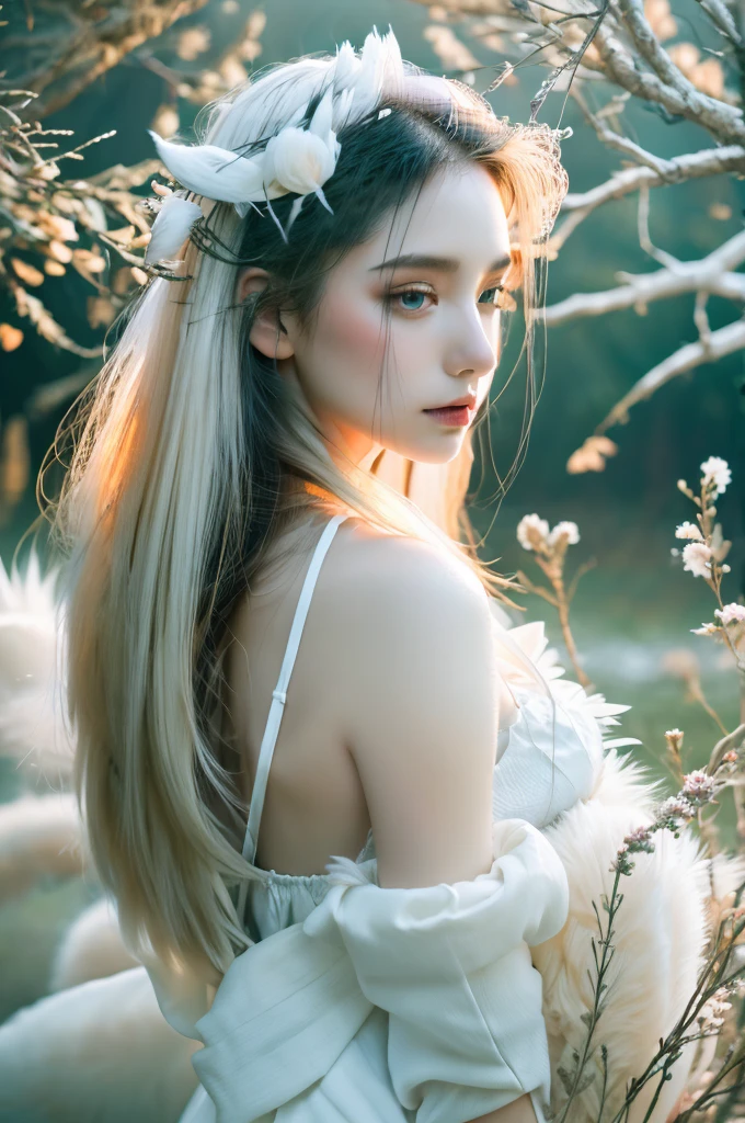 ( masterpiece, top quality, best quality,8k,17 years old girl,ultra detailed,raw photo:1.5),(photorealistic:1.4),(cinematic lighting), PerfectNwsjMajic, , Surrealism, UHD, ccurate, Super detail, textured skin, High detail, Best quality, dynamic angle, (high nose,White skin),[Beautiful blue eyes],[flat chest:large breasts:0.5],(1girl),(good anatomy:0.5)), Nine snow-white fox tails (1.0), Milky white fox tail (1.0), Close-up of nine-tailed fox, Nine tails, Nine tails，There are flowers on the hair, Very beautiful fox girl, Beautiful anime fox girl, Beautiful fantasy, guweiz, girl with fox ears, Very beautiful and charming fox girl, flower rain, The background  blurred, Dreamy atmosphere,mystical ambiance, Artistic interpretation,a whimsical illustration, Subtle colors and tones, mystical aura,vixen , hairstyle