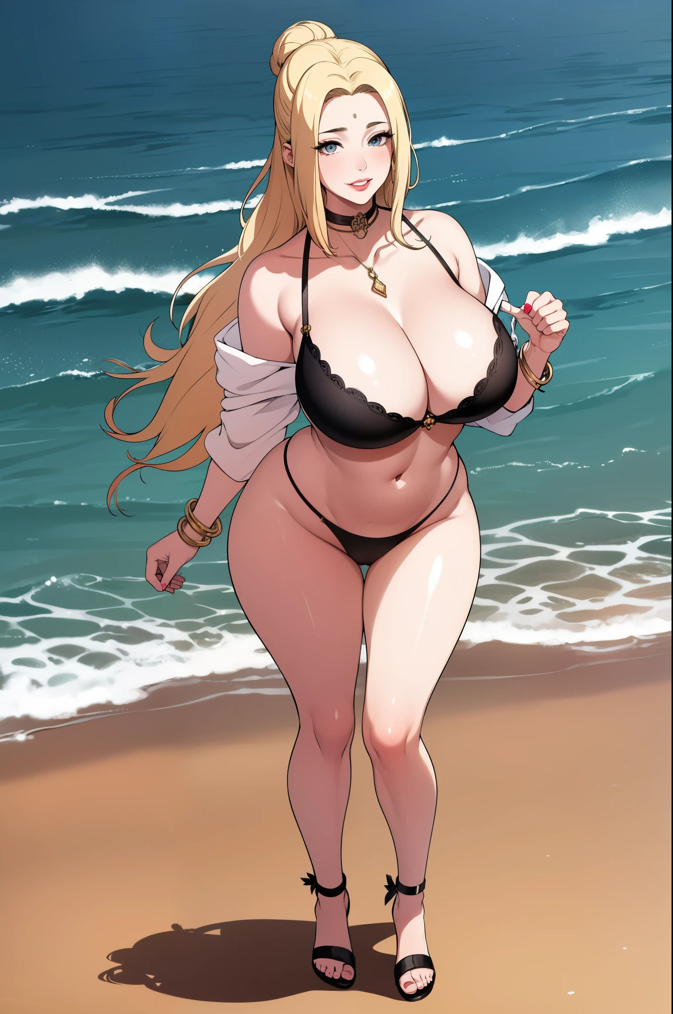 An extremely beautiful busty woman, with gold blonde long silky hair, blue-cyan eyes, extremely super bright snow white fair stunning flawless glowing lush shiny white skin, and complexion, a perfect tight hourglass figure, a thick plump ass, cleavage, and perfect hips, wearing a thin revealing sexy black bra and underwear with a white transparent off-the-shoulder cardigan, yellow heels, jewelry on the neck, gold bangles on her wrist, gold anklets on her leg and gold chain on the waist, a cute adorable smile on lips, pink lips, pink nails, red rose on hair bun, standing straight, looking at the viewer, big sunny beach and ocean in the background with gold interior, show full body from head to feet.
