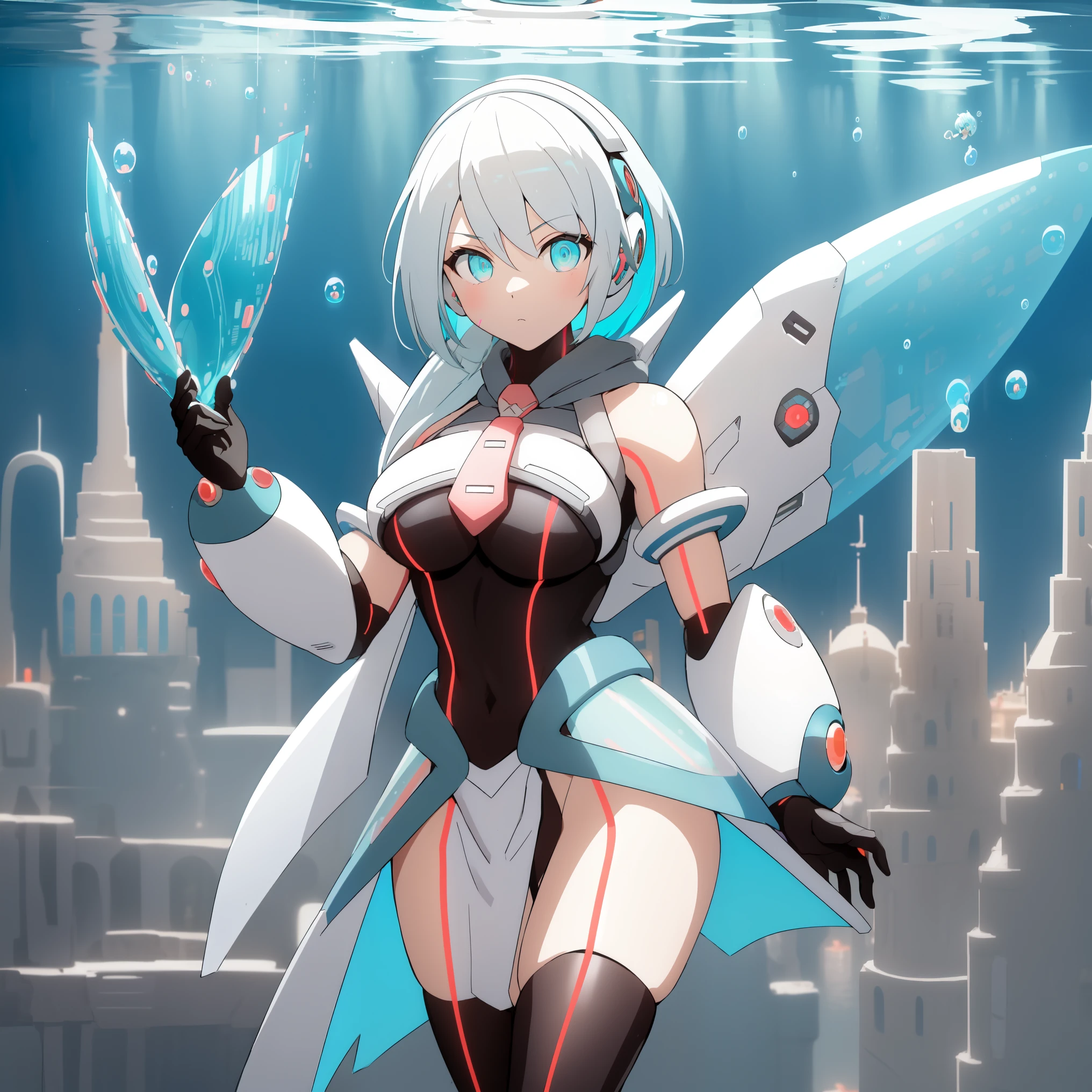 ico_megamanxdive, 1girl, blue eyes, solo, white hair, android, large breasts, black gloves, short hair, thighhighs, necktie, high quality, masterpiece, standing in an underwater city with lots of bubbles, in the style of yuumei, intricate architectures, indigo, miniature illumination, daniel f. gerhartz