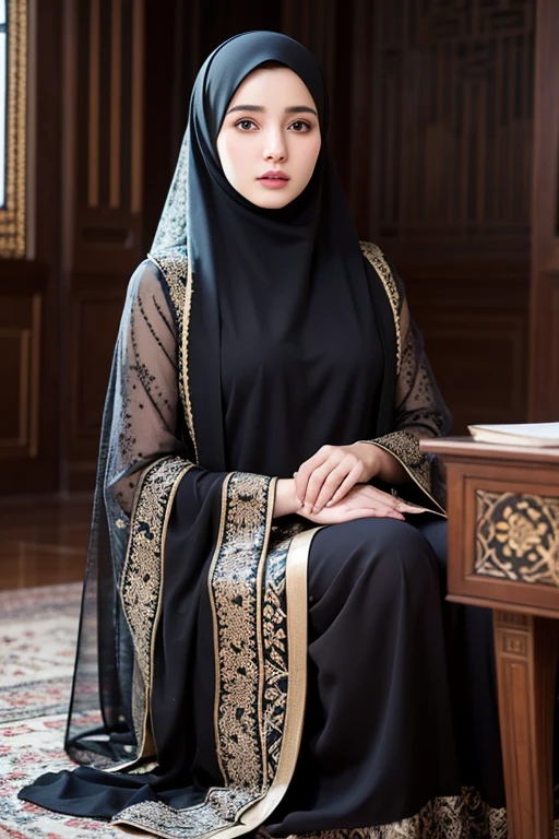 High Quality, Best Resolution, Masterpiece: 1.3, Elegant Iraqi Woman in Hijab, Masterpiece, Soft and Serene Expression, Realistic, 1 Woman, Expressive Brown Eyes, Radiant Eyes, Slightly Parted Lips, Full Figure, Aesthetics of the Female Body, Wisdom from Ancient Civilization, Scholar of Historical Artifacts, Immersed in studying Ancient Texts, Sitting Cross-legged on the Ground, Covered in a Delicate Layers of Abayas and Hijab, Detailed Clothing, Intricate Embroidery, Flowers and Geometric Patterns, Detailed Background, Rich