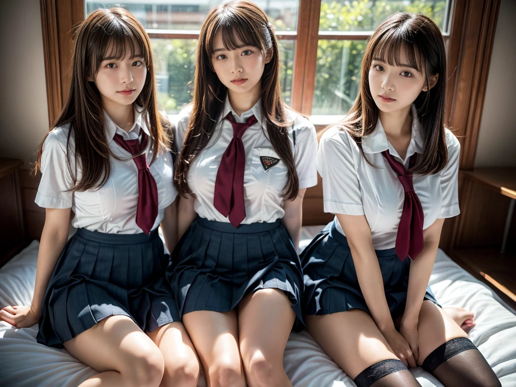 (RAW photo, 4k, masterpiece, high resolution, extremely complex) (realistic: 1.4), cinematic lighting
((2 girls, 2 girls)),Slam Dunk's,blushing,((innocent)),(Dark makeup),bright eyes,round eyes,blunt bangs,(straight hair:1.3),black hair,large breasts,wide hips,Summer Noon, 20 year old girl、cute type、lolita,Hot, (Best Quality), (Highres), (an Extremely Delicate and Beautiful),(Beautiful 8k face),(Brown eyes),short bob hair,( spectators),(gigantic breasts),(Play with each other,Touching each other's bodies,Touching the body),(Japanese high school uniform:1.3),blue skirt,(reality),bright lighting,(The background is a luxury hotel room)