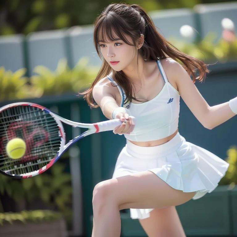 Photo-realistic quality、White tennis wearーを着てテニスボールを打つ20Japan Idol of the Year Old, a girl Playing tennis, White tennis wear, White skort、Playing tennis, Japanese Model, West Shot, The moment the yellow ball is hit、Detailed and beautiful eyes、A soft and gentle look