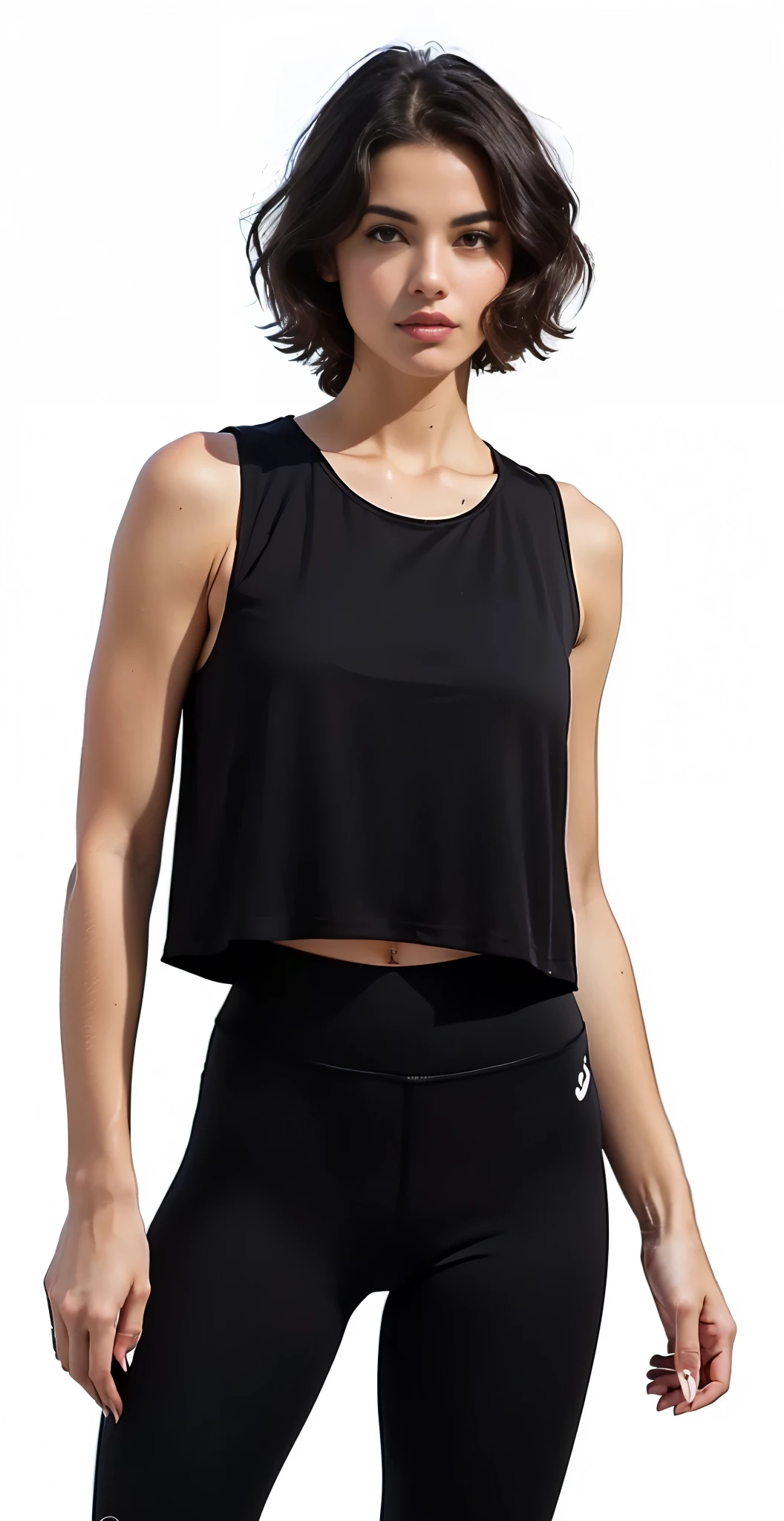a woman in a preto crop top and leggings posing for a picture, wearing a preto cropped tank top, wearing a cropped preto tank top, she is wearing a preto tank top, preto, physicist : a menor barriga de todos os tempos, foto do produto, onyx, vestindo uma camiseta muscular, foto do produto, usando um top cropped sexy, full foto do produto, foto do produto