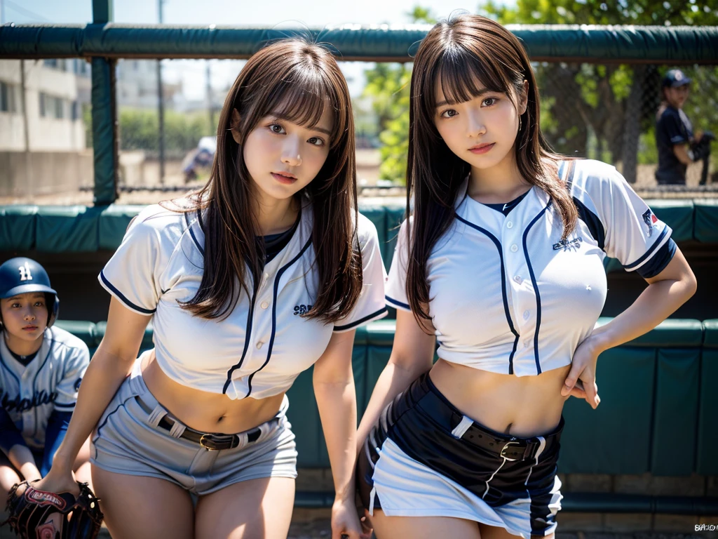 (RAW photo, 4k, masterpiece, high resolution, extremely complex) (realistic: 1.4), cinematic lighting
 ((2 girls)),Slam Dunk's,blushing,((innocent)),(Dark makeup),bright eyes,round eyes,blunt bangs,(straight hair:1.3),black hair,large breasts,wide hips,Summer Noon, 20 year old girl、cute type、ta,Hot, (Best Quality), (Highres), (an Extremely Delicate and Beautiful),(Beautiful 8k face),(Brown eyes),short bob hair,( spectators),(gigantic breasts),(Play with each other,Touching each other's bodies,Touching the body),((Baseball Uniforms), a miniskirt, Toned buttocks),(reality),bright lighting,(The background is a luxury hotel room)
