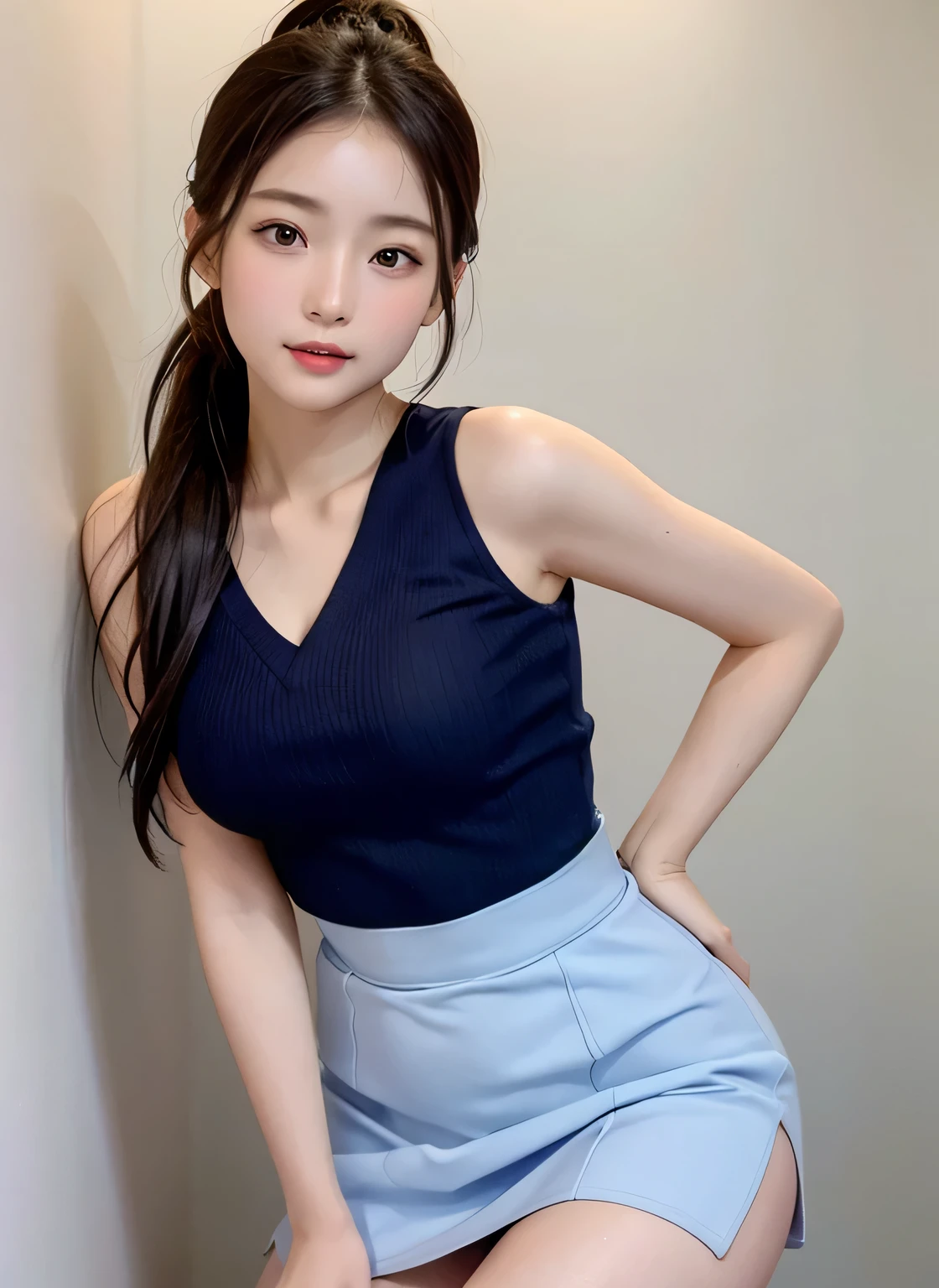 (masterpiece:1.3)、Shapely small breasts、slender、Slim body、Very fine finish、(High resolution、8k:1.3)、highest quality、Beautiful Hands、Beautiful Hands指、(Ultra-realistic as a photo:1.3), Ultra High Resolution Face、The face is in focus、Ultra high definition and beautiful eyes、(Concentrated eyes:1.3)、(Eyes are symmetrical:1.3)、High quality and beautiful skin、Firm Skin、Natural Makeup、Gloss lips, Ultra HD Hair Texture、Japanese women、high school girl、18-year-old、(超High resolution)),8K,、Leaning forward to reveal cleavage、Small breasts、Flat Chest、Small breasts, , ponytail, Blue mini skirt, Navy blue Y-shirt、Small breasts cleavage 2:1,Idol Sculpture, Wet, smile、Pink wall、sexy、slender、Well-shaped small breasts、I can see your thighs,Nogizaka Idol