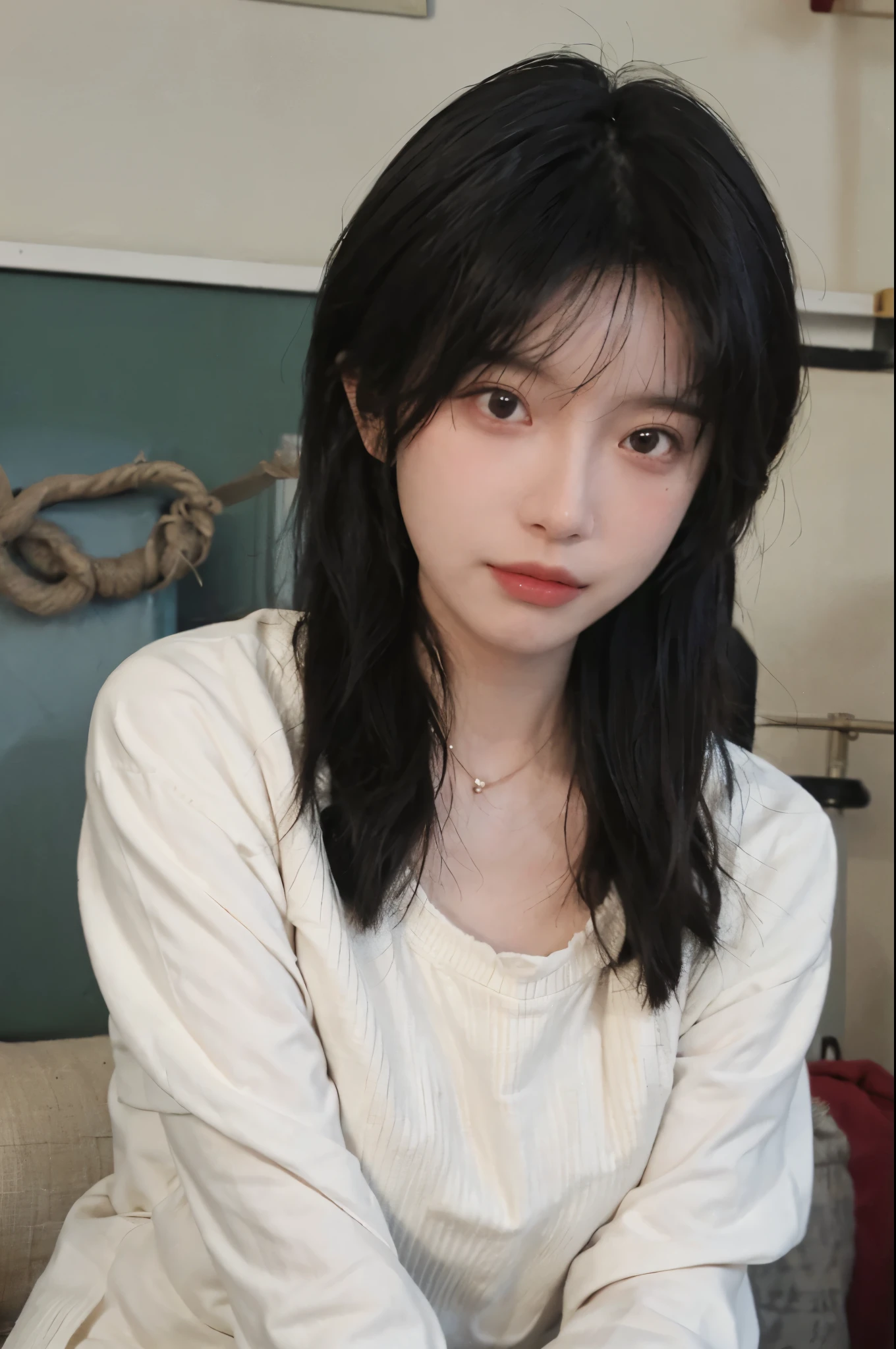best qualtiy， Ultra-high resolution， （realisticlying：1.4），cute hairpin，1girll，with long coiled hair,Quartered sweater ，Blushlush，Beautiful woman with a slim figure:1.4, Pronounced abs，On the sandy beach,Ultra-fine face，Elaborate Eyes，double eyelid，choker necklace
