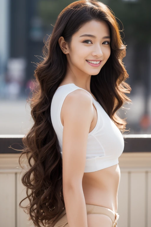 highest quality、4K、Perfect Face、Perfect Style、Sunburn、long curly layer hair, beautiful、stylish appeal、Swept-back hair、beautiful abs, full body,gorgeous lady, smile,wear a black one pieace, put on a beige cap,wearing white sneakers,at city,evening(From below:1.2), (Realistic:1.2), (Ultra-realistic:1.3), (very detailed:1.1), ((masterpiece)),sexy,detailed,