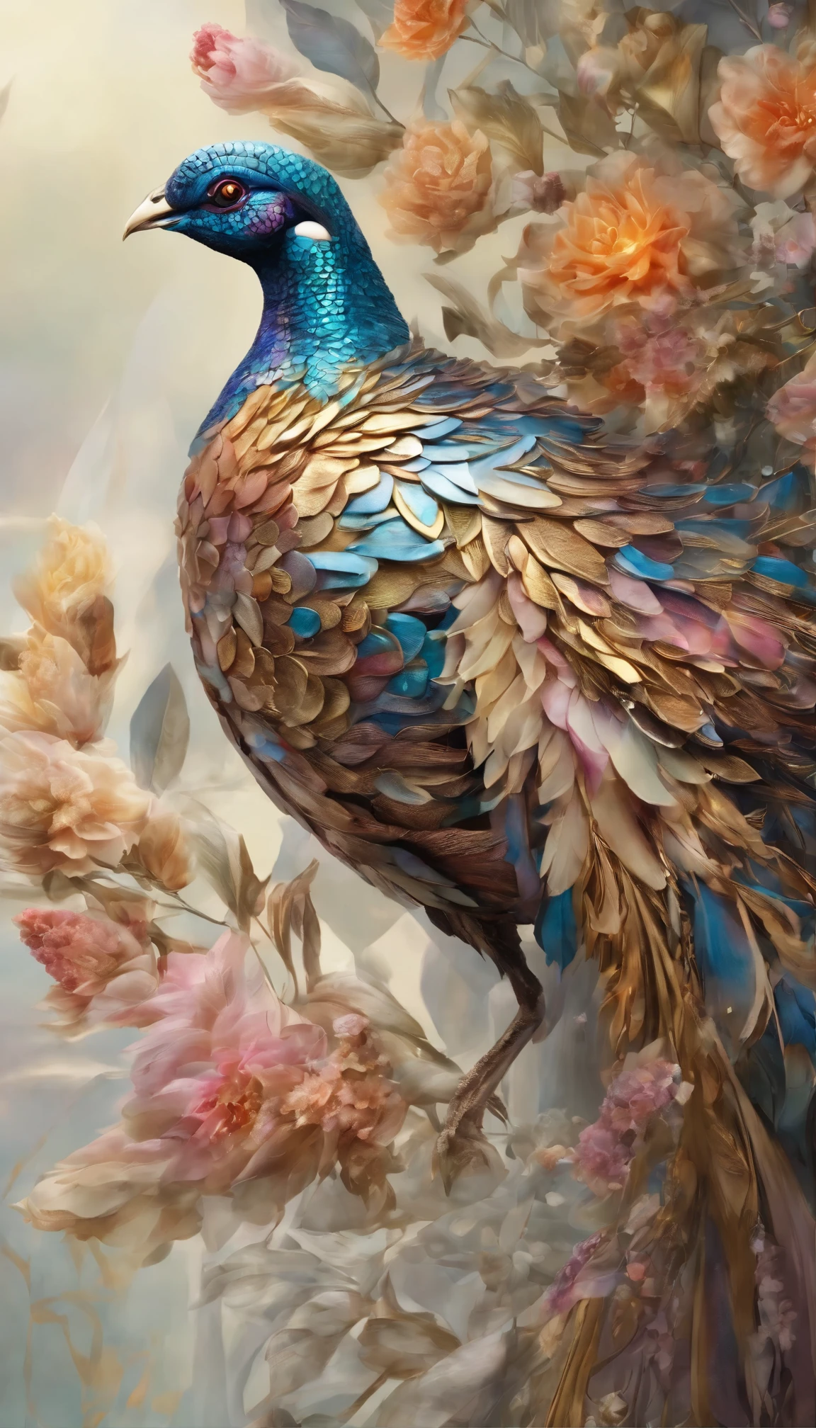 All expressed with jewels, the arrival of spring, various beautiful colorfull pheasant, angles looking up from below, various jewels falling from the sky, wonderful and beautiful superb view, slightly hazy, fantastic, high resolution, 8K, (best quality, highres, realistic:1.37), shiny metallic flowers, intricate and delicate petals, reflective surfaces, vibrant colors, intricate details, close-up view, surreal garden, surreal beauty, dreamy atmosphere, fine art, abstract botanicals, metallic sculpture, contrasting textures, ethereal glow