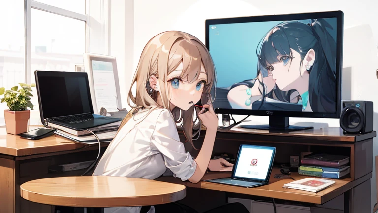 iPods,Wearing wireless earphones,laptop,monitor,Cute older sister,remote,Cafe