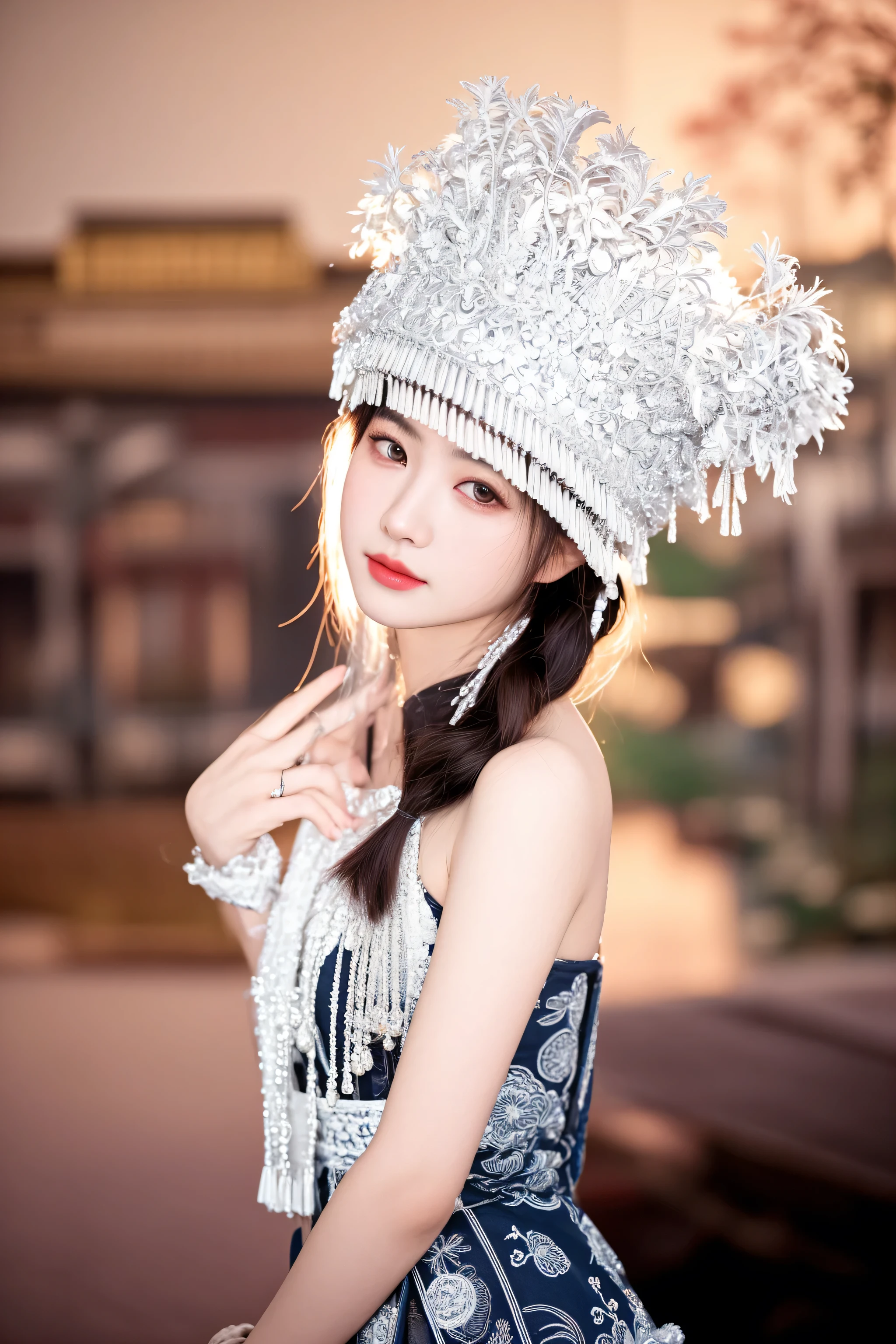 arafed woman wearing a silver hat with a large feather, portrait shot, traditional beauty, inspired by Jin Nong, palace , a girl in hanfu, traditional chinese, wearing an ornate outfit, shot on canon eos r 5, shot on canon eos r5, photo taken with nikon d 7 5 0, photo taken with nikon d750, Behind the girl is the ancient Chinese phoenix town, Behind the girl is the ancient Chinese phoenix town