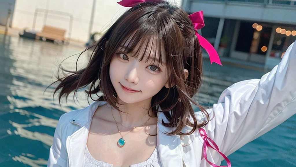 (Dynamic Angle:1.3),Extreme close up,((the wind is strong)),映画ofハイライト,1人of女of子,Upper Body,dancing,View your viewers, ((丘of上で, alone)), jewelry, blank eyes,brooch, 茶hair,( 長いhair:1.2),floating hairlong_sleeve, ribbon, Jacket, dress, gem, hair_ribbon,null, depth_of_Field, a close view of flying petal,Smiling face,((wince))