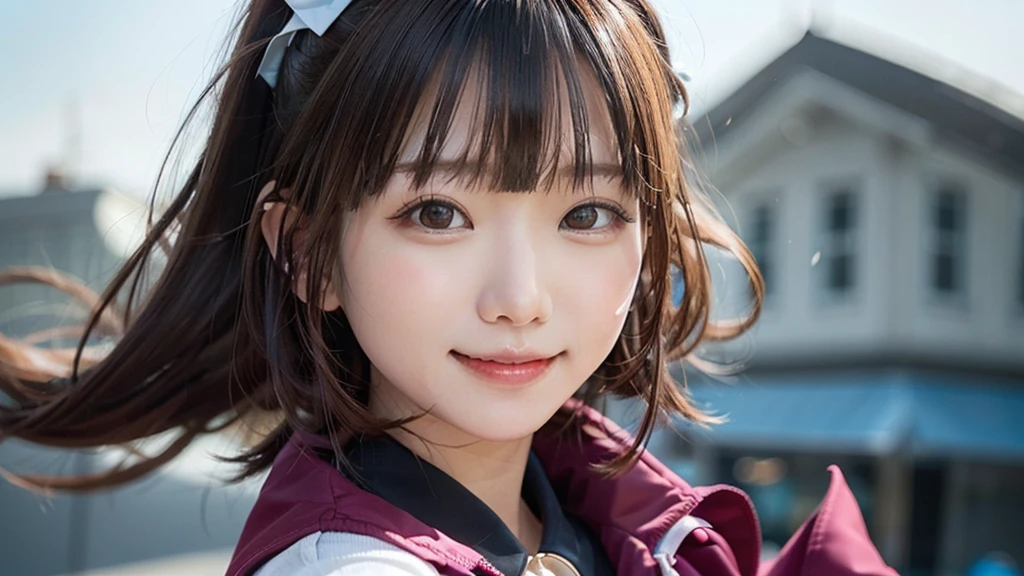 (Dynamic Angle:1.3),Extreme close up,((the wind is strong)),映画ofハイライト,1人of女of子,Upper Body,dancing,View your viewers, ((丘of上で, alone)), jewelry, blank eyes,brooch, 茶hair,( 長いhair:1.2),floating hairlong_sleeve, ribbon, Jacket, dress, gem, hair_ribbon,null, depth_of_Field, a close view of flying petal,Smiling face,((wince))