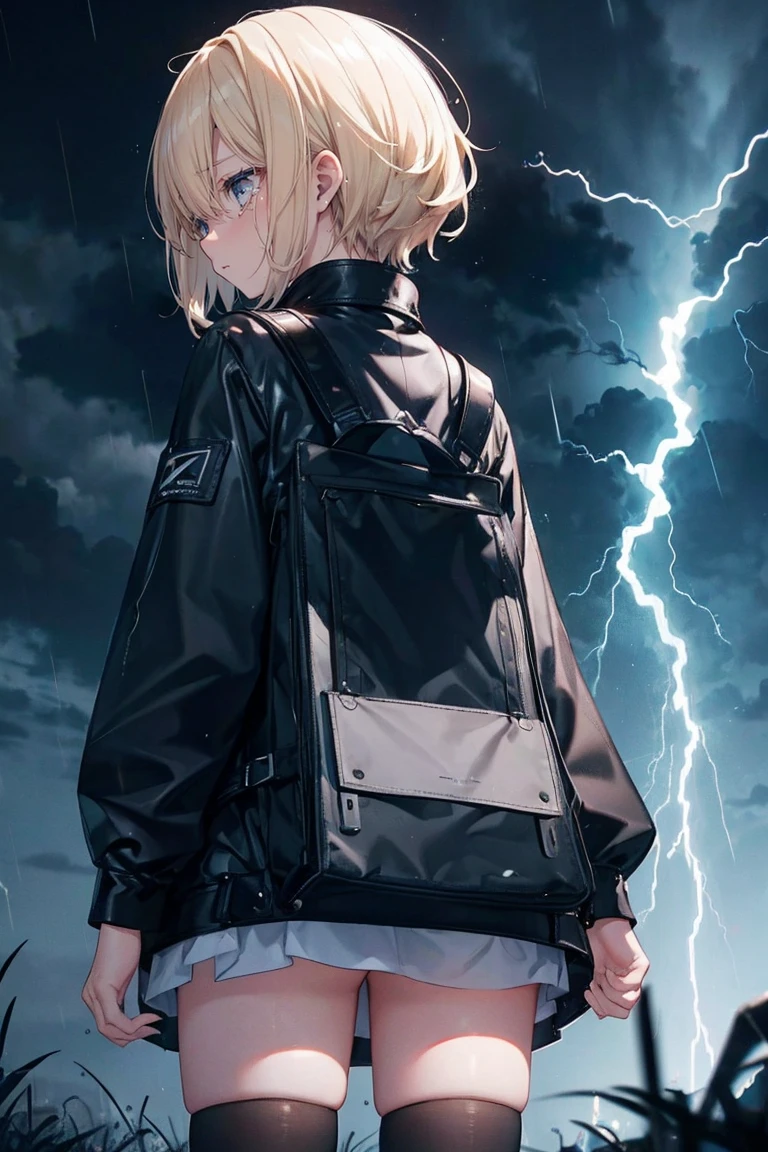 Sad girl,cry,darkness,Rainy Sky,。.。.。.。.。.。.。.。.。.。.。.3D,Deluxe,hard disk,blonde short,is crying,Turn your back,Lightning Mark,Lightning Mark