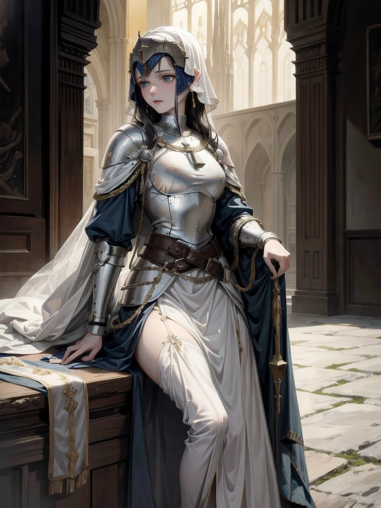 Joan of Arc, absurdres, RAW photo, extremely delicate and beautiful, masterpiece, Best Quality, ultra high resolution, 32k, hyperrealistic, ultra-detailed, perfect figure, detailed description, pale skin, 20 years old, detailed beautiful face and eyes, tearful mole, earring, short medium hair, wavy hair,