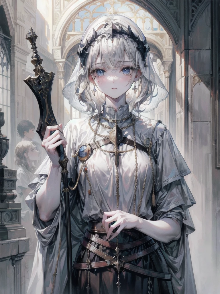 Joan of Arc, absurdres, RAW photo, extremely delicate and beautiful, masterpiece, Best Quality, ultra high resolution, 32k, hyperrealistic, ultra-detailed, perfect figure, detailed description, pale skin, 20 years old, detailed beautiful face and eyes, tearful mole, earring, short medium hair, wavy hair,