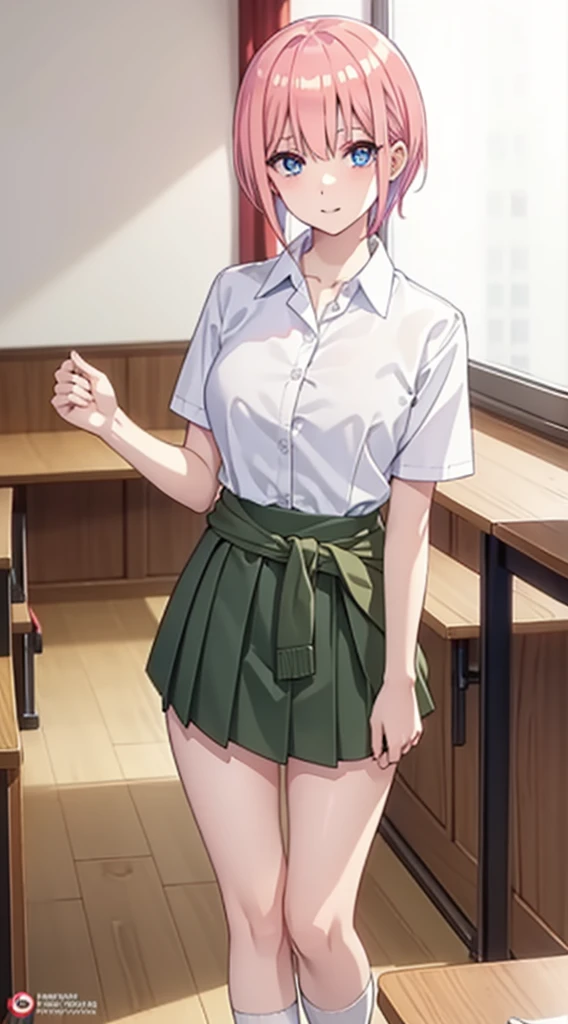ichikanakano, ichika nakano, short hair, bangs, blue eyes, hair between eyes, pink hair, BREAK skirt, shirt, , white shirt, short sleeves, pleated skirt, shoes, socks, collared shirt, black footwear, sweater, white socks, green skirt, loafers, clothes around waist, BREAK indoors, classroom, BREAK looking at viewer, BREAK (masterpiece:1.2), best quality, high resolution, unity 8k wallpaper, (illustration:0.8), (beautiful detailed eyes:1.6), extremely detailed face, perfect lighting, extremely detailed CG, (perfect hands, perfect ),
