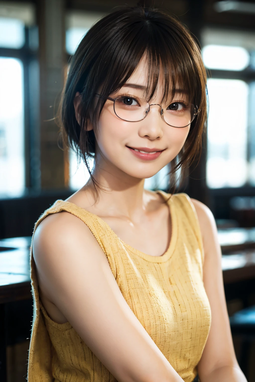 Casually dressed Japanese girl in a shopping mall, Looking at the audience, posing with a smile (highest quality, masterpiece))), High resolution, Very detailed, masterpiece, Cinema Lighting, (8k, highest quality, masterpiece: 1.2), (Realistic, photoRealistic: 1.37) High Resolution, Super detailed, 1 girl, Woman wearing glasses, Round glasses with thin frames, Light colored eyeglass frames, Asian, cute, cute face, alone, short hair 1.2, Textured skin, beautiful smile, Beautifully detailed skies, Detailed Cafe, night, Cinema Lighting, Depth of written boundary, Lens flare light, Sitting, Date, (Blushing), (smile: 1.15), Small breasts (Mouth closed), Beautiful eyes in every detail, (short hair: 1.2), Floating Hair Nova Frog Style,