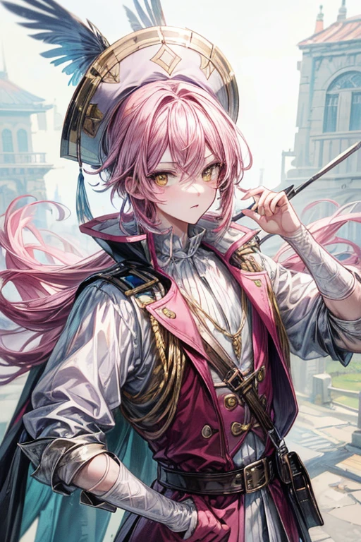 (masterpiece, best quality, perfect face, expressive eyes), 1boy, (anime), (adult), pink hair, (yellow eyes), feather hat,, musketeer outfit, fencing cape