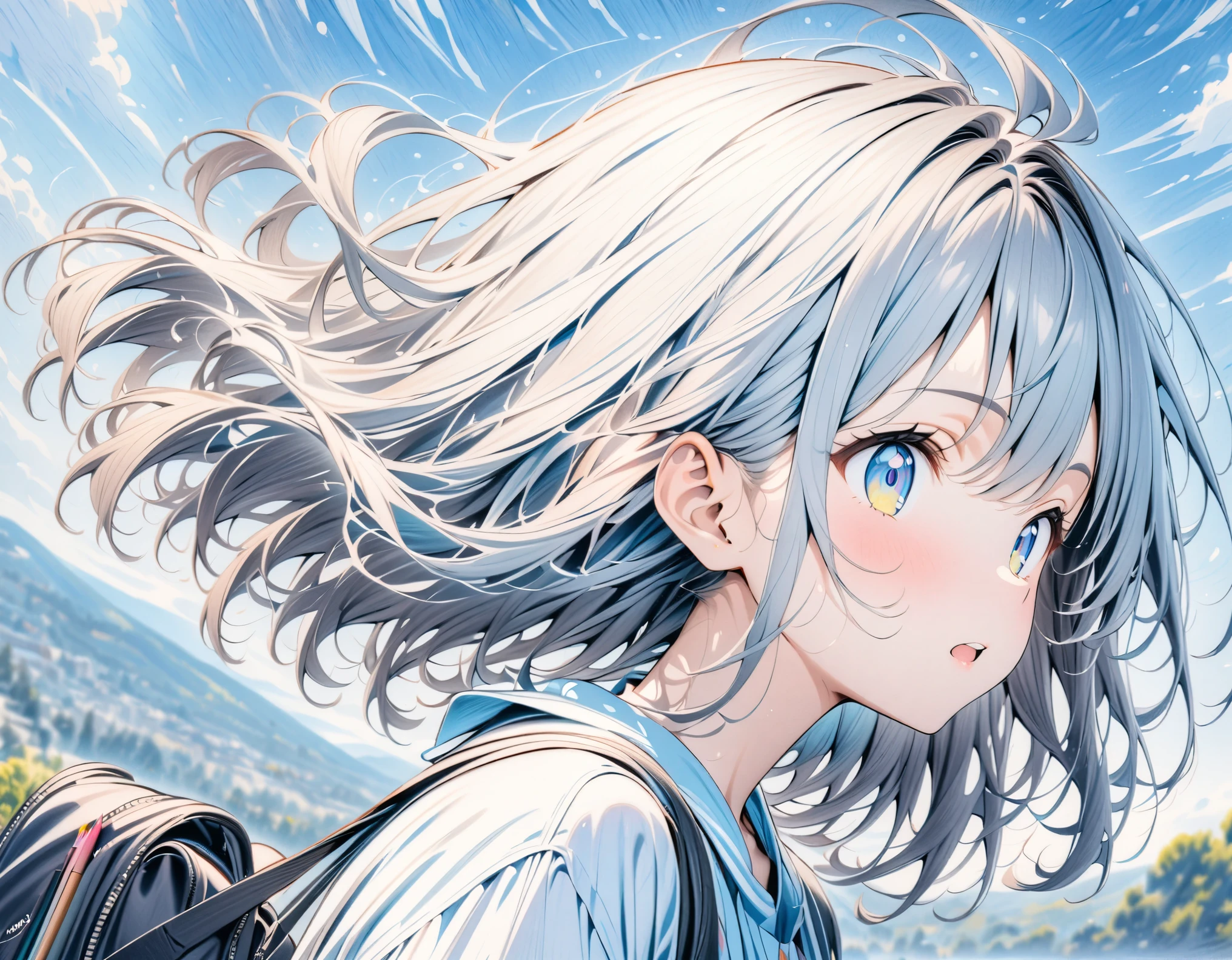 ((style:colored pencil,Pale colors)),(anime)、(masterpiece:1.2),blue sky、A big jump into the sky、girl、cute