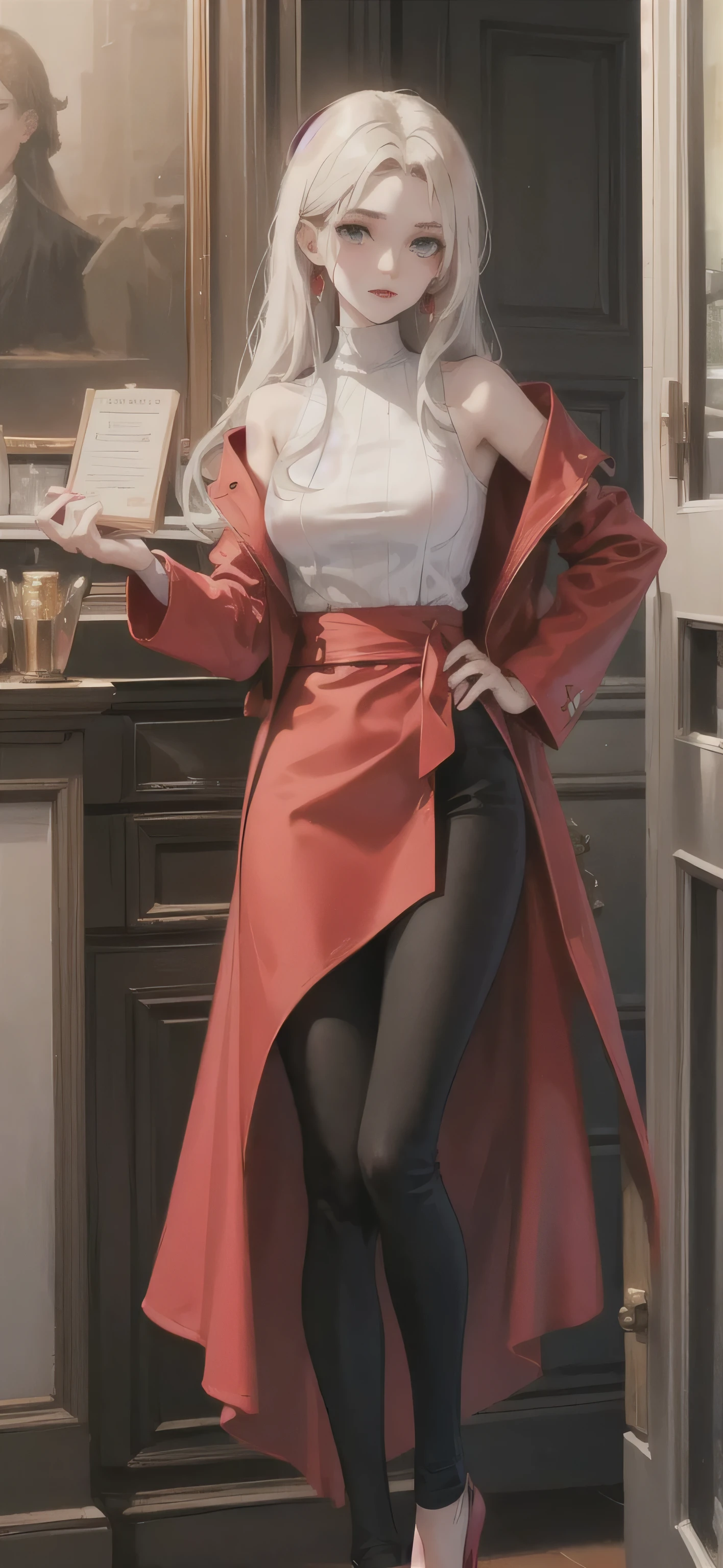 beautiful russian girl in black jegging and white highneck, medium breast, red dress, 