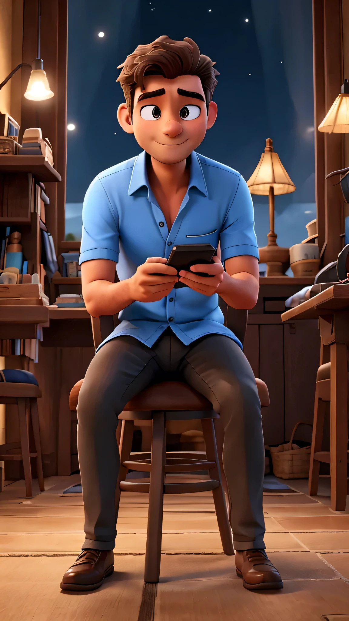 A man is sitting at night, he is busy with his mobile.
