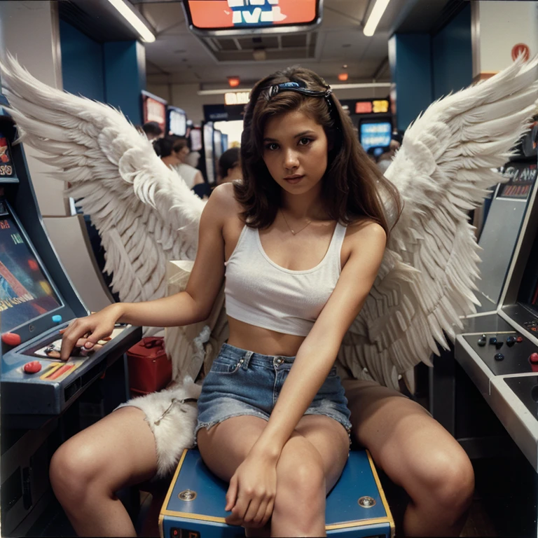 casual angel with wings playing an arcade game in "Midjourney" fashion design candid polaroid film photography 1987