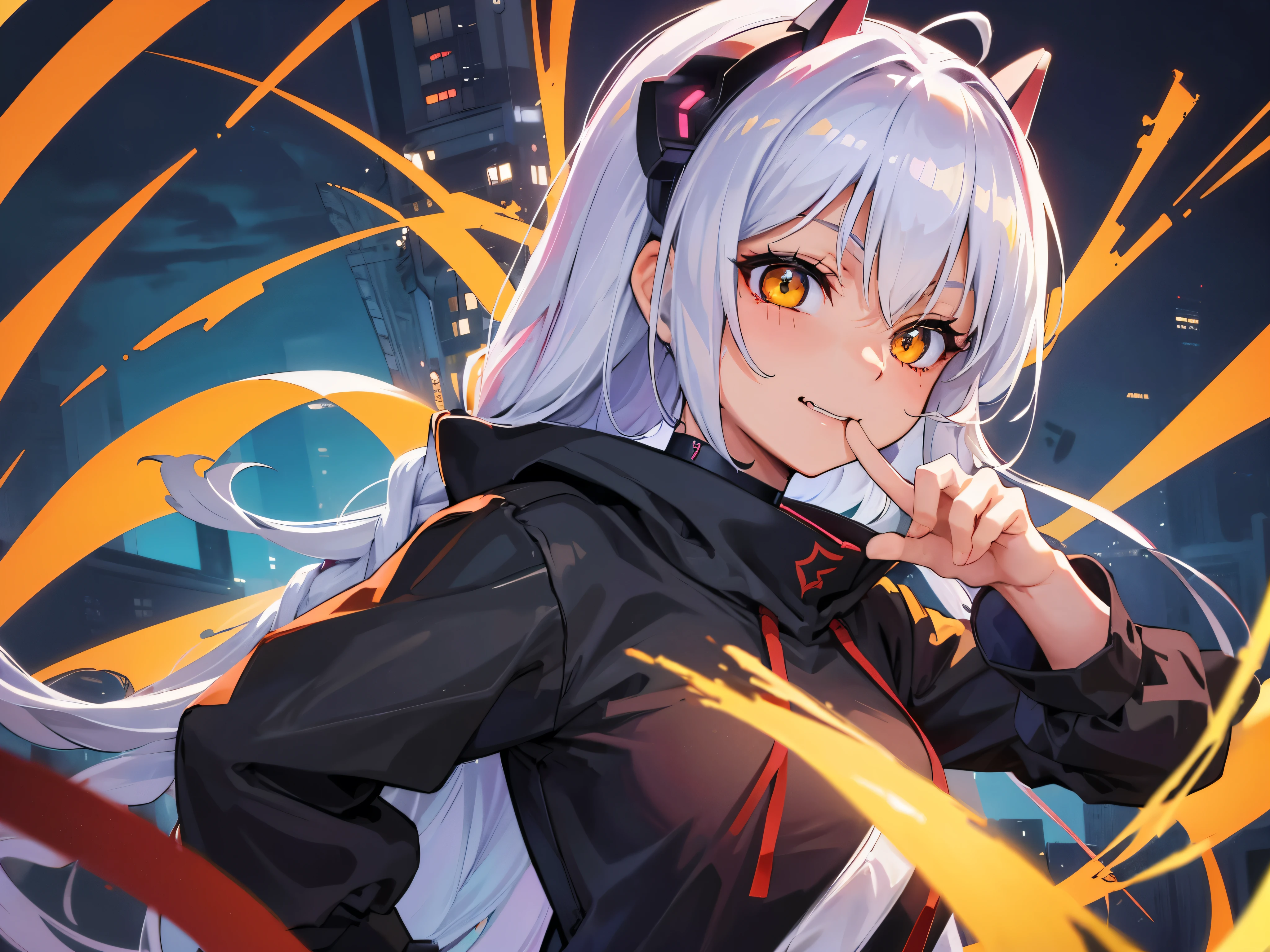 masterpiece, highest quality, Perfect Face, Highest Resolution, Highest quality,Detailed depiction of the eyes, foxy, 1 girl, young, 20-year-old, slender body, small breasts, White Hair, Long Hair,one side braid grated, Big cat eyes, Yellow Eyes, cyber punk, Perfect Anatomy, Black ribbon choker,Future City, Eat sushi, fun face, happily, Perfect nigiri sushi, Sushi Shop, night, The correct number of fingers, Correct hand shape