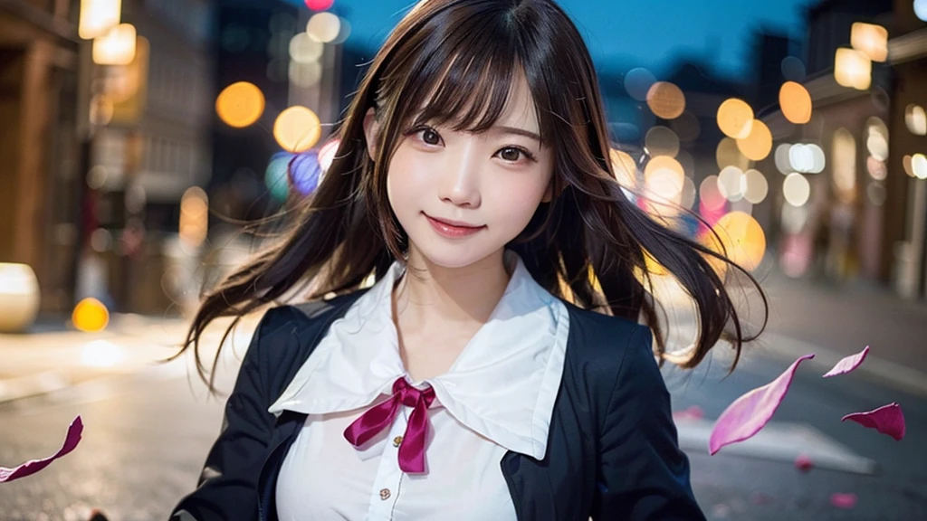 (Dynamic Angle:1.3),Extreme close up,((the wind is strong)),映画ofハイライト,1人of女of子,Upper Body,dancing,View your viewers, ((丘of上で, alone)), jewelry, blank eyes,brooch, 茶hair,( 長いhair:1.2),floating hairlong_sleeve, ribbon, Jacket, dress, gem, hair_ribbon,null, depth_of_Field, a close view of flying petal,Smiling face,((wince))