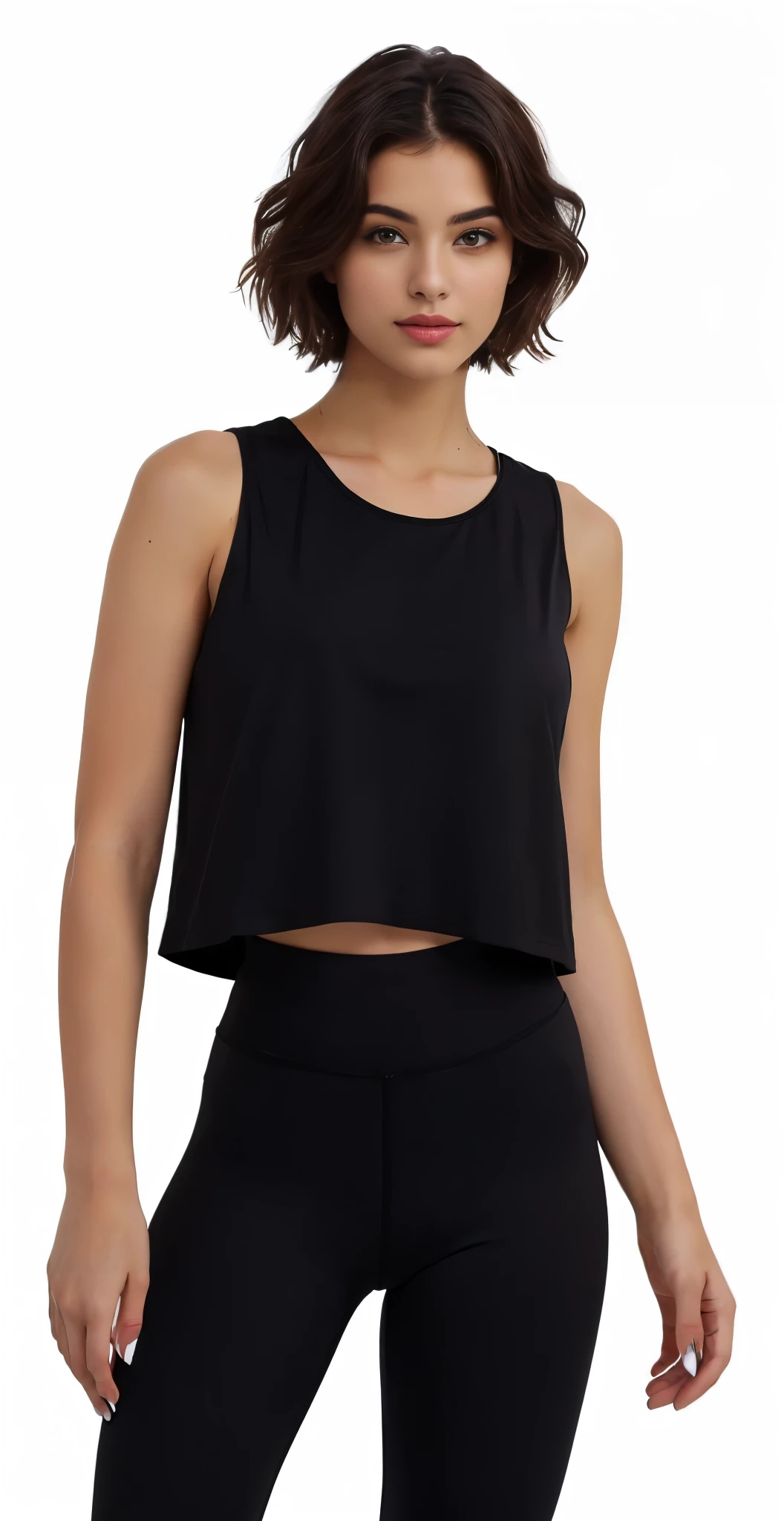 a woman in a preto crop top and leggings posing for a picture, wearing a preto cropped tank top, wearing a cropped preto tank top, she is wearing a preto tank top, preto, physicist : a menor barriga de todos os tempos, foto do produto, onyx, vestindo uma camiseta muscular, foto do produto, usando um top cropped sexy, full foto do produto, foto do produto