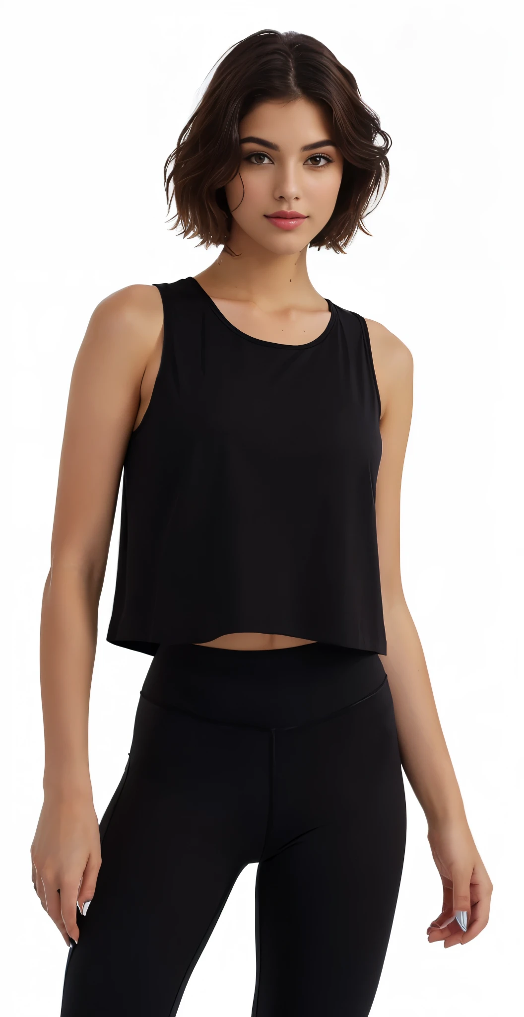 a woman in a preto crop top and leggings posing for a picture, wearing a preto cropped tank top, wearing a cropped preto tank top, she is wearing a preto tank top, preto, physicist : a menor barriga de todos os tempos, foto do produto, onyx, vestindo uma camiseta muscular, foto do produto, usando um top cropped sexy, full foto do produto, foto do produto