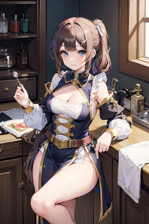 (fantasy:1.5),(8k,masterpiece, top quality, best quality,beautiful and aesthetic:1.2,professional illustrasion:1.1,ultra detail:1.3,perfect lighting),extremely detailed,highest detailed,incredibly absurdres , highres, ultra detailed,intricate:1.6,(Alchemy Workshop:1.4),A girl mixing,Medicine in many small bottles,holding small potion,colorful:1.4,zentangle,(a girl 26yo old),(cute girl),pointed chest:1.3,(double ed:1.2,under bust:1.2), Amazing Cleavathin waist, big ass, Raised se big breast:2 posed cl:1.2,(female alchehly detailed beautiful face and eyes,firm breasts),oily skin,((bronde hair, ony tail hair)),thin pubic hair,cute,lovely,beautifuk alchemist costume,smile,in the kitchen,smile,seductive weak smiling,(with sparkling eyes and a contagious smile),open mouth, Looking at Viewer,