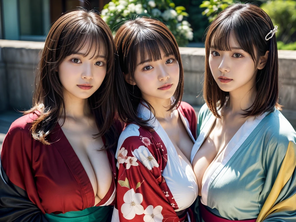 (RAW photo, 4k, masterpiece, high resolution, extremely complex) (realistic: 1.4), cinematic lighting
((2 girls)),Slam Dunk's,blushing,((innocent)),(Dark makeup),bright eyes,round eyes,blunt bangs,(straight hair:1.3),black hair,large breasts,wide hips,Summer Noon, 20 year old girl、cute type、ta,Hot, (Best Quality), (Highres), (an Extremely Delicate and Beautiful),(Beautiful 8k face),(Brown eyes),short bob hair,( spectators),(gigantic breasts),(Play with each other,Touching each other's bodies,Touching the body),((idol, kimono:1.3)),(reality),bright lighting,(The background is a luxury hotel room)