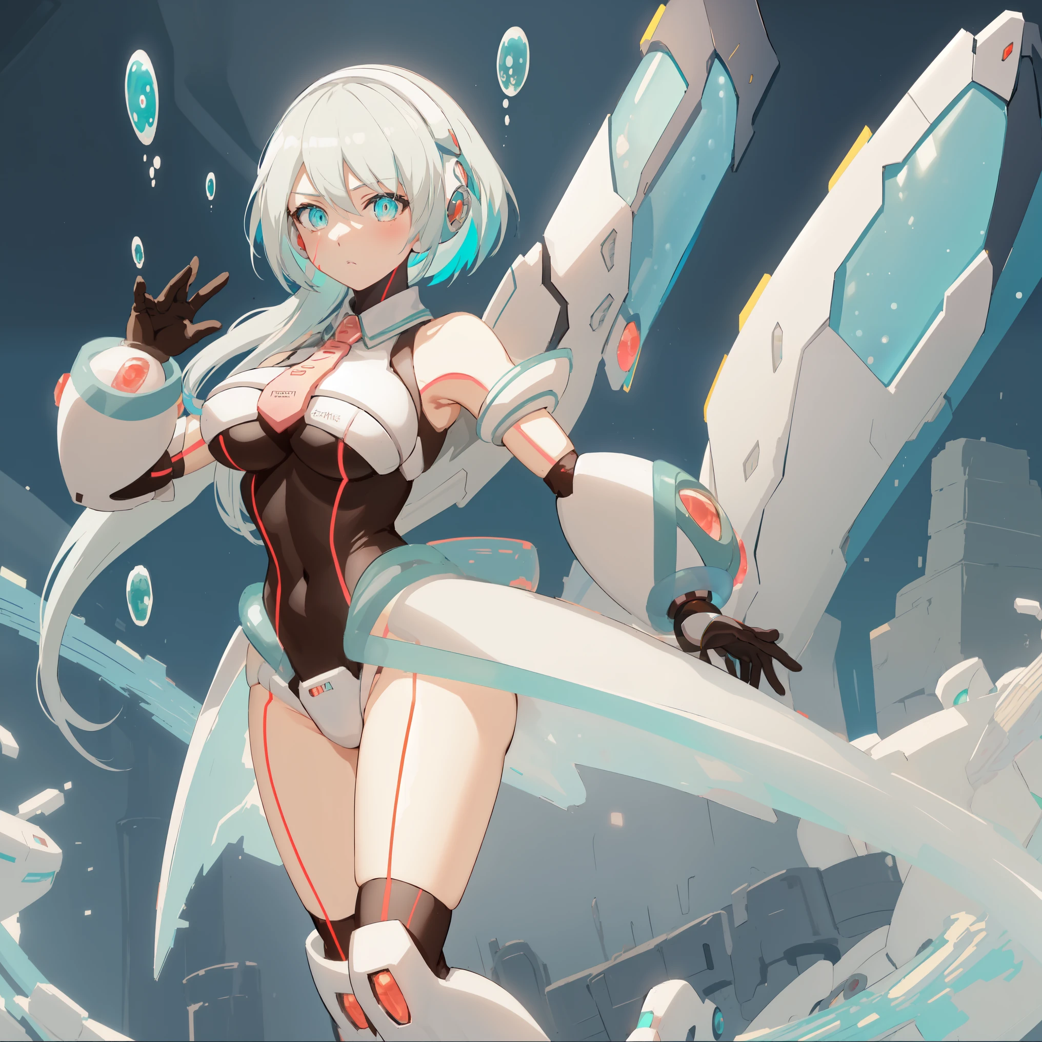 ico_megamanxdive, 1girl, blue eyes, solo, white hair, android, large breasts, black gloves, short hair, thighhighs, necktie, high quality, masterpiece, standing in an underwater city with lots of bubbles, in the style of yuumei, intricate architectures, indigo, miniature illumination, daniel f. gerhartz