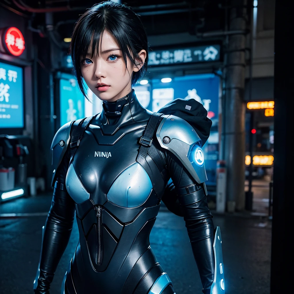 cute ninja cyborg girl,cyberpunk,cyborg suit with blue neon highlight,old hongkong city,short hair,blue eyes,